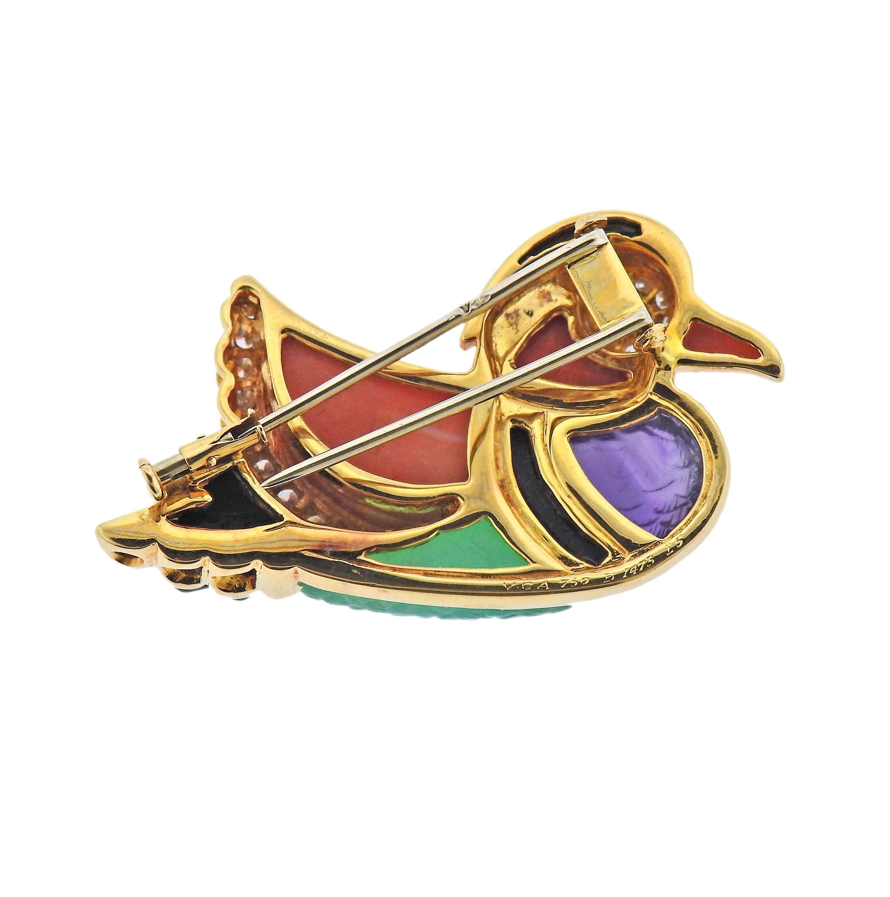 Van Cleef & Arpels duck brooch, set with approx. 0.70ctw in diamonds, onyx, carved coral, amethyst and chrysoprase. Brooch is 46mm x 30mm. Marked: VCA, 750, B 1473 I5. Weight - 23.4 grams. 
