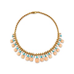 Van Cleef & Arpels Coral, Turquoise, and Diamond Necklace and Earrings Set
