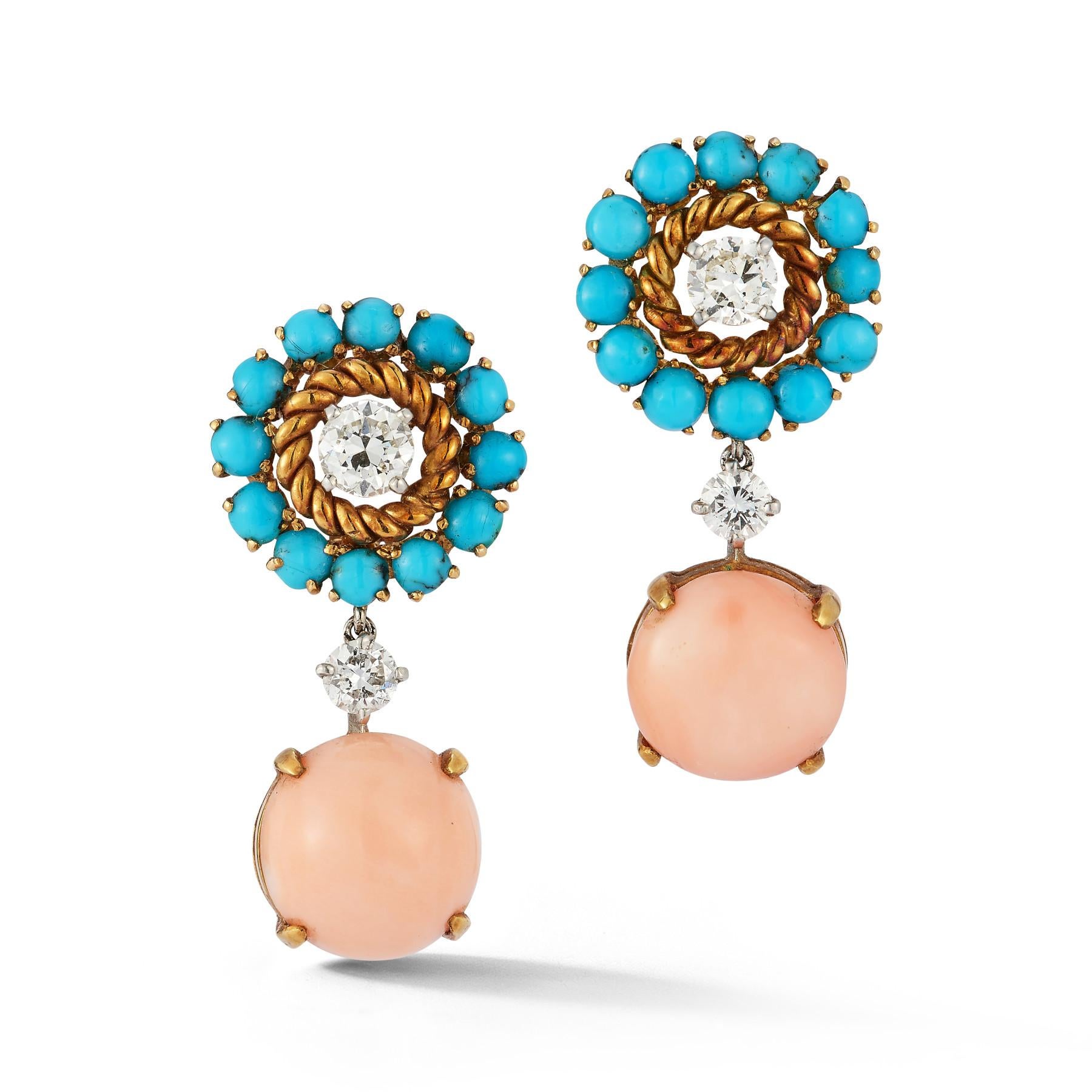 Rétro Van Cleef & Arpels Set di collana e orecchini in corallo, turchese e diamanti in vendita