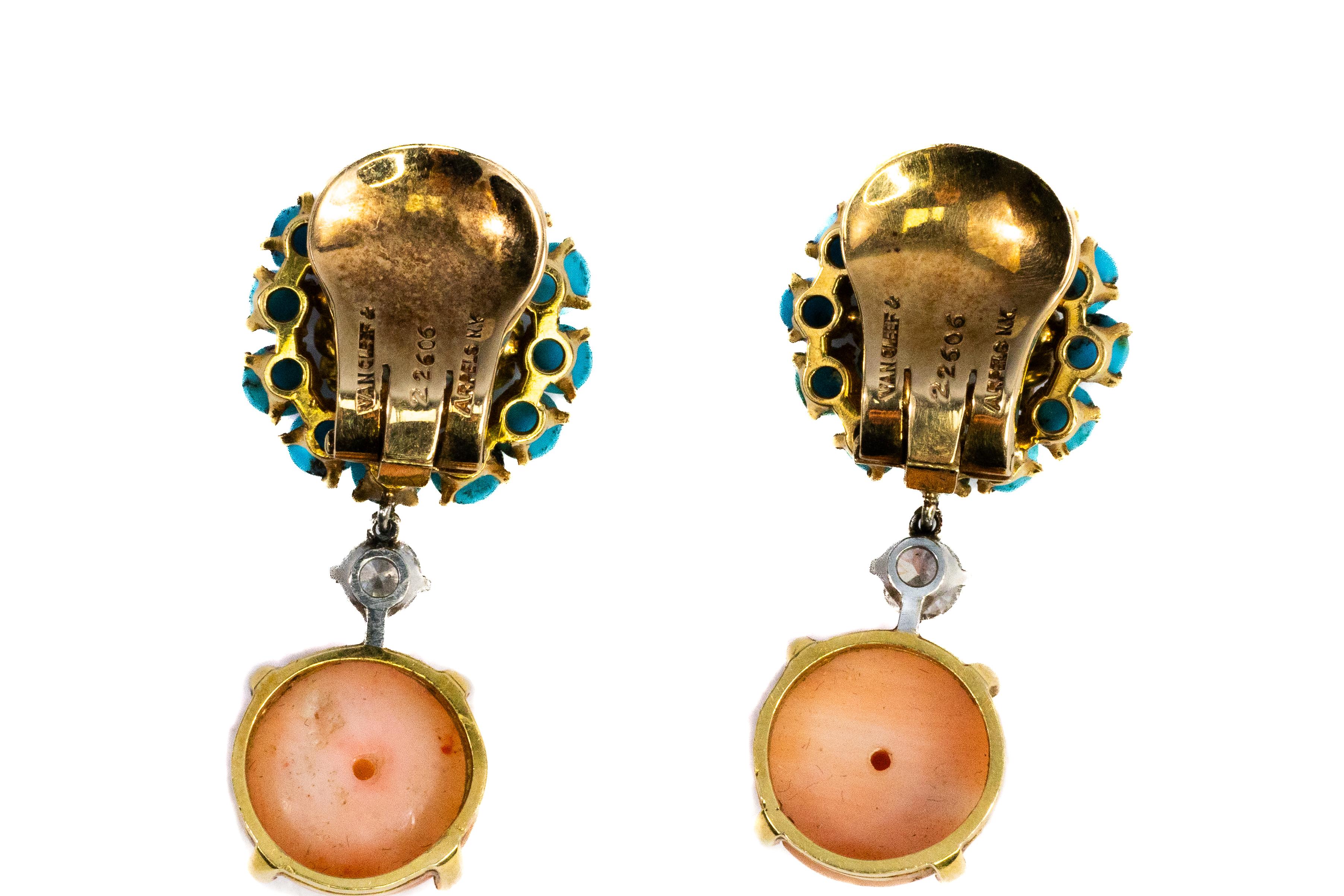 Taglio rotondo Van Cleef & Arpels Set di collana e orecchini in corallo, turchese e diamanti in vendita