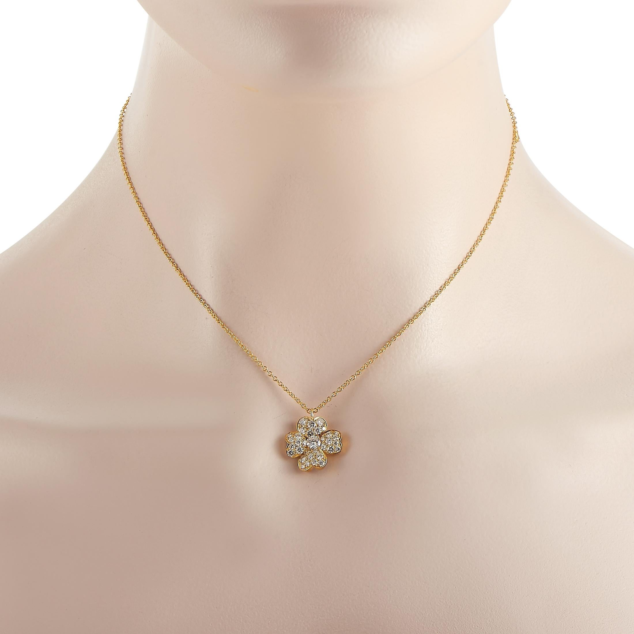 This piece from the Van Cleef & Arpels Cosmo collection is a good luck charm that you’ll always want by your side. On this necklace, you’ll find a four-leaf clover pendant crafted from 18K Yellow Gold measuring 0.65” round suspended from a 15”