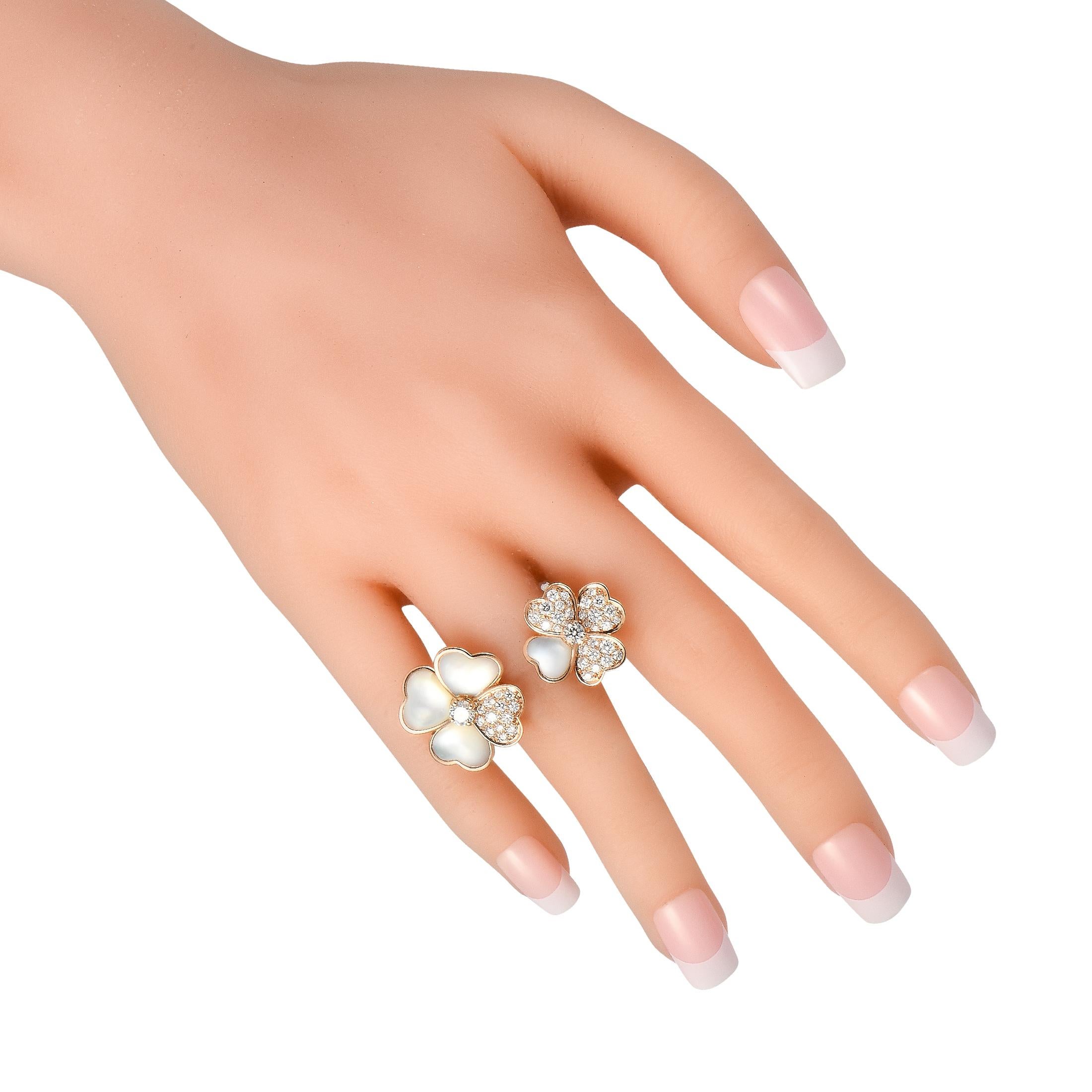 Round Cut Van Cleef & Arpels Cosmos 18K Gold 1.45ct Diamond and Mother of Pearl Ring