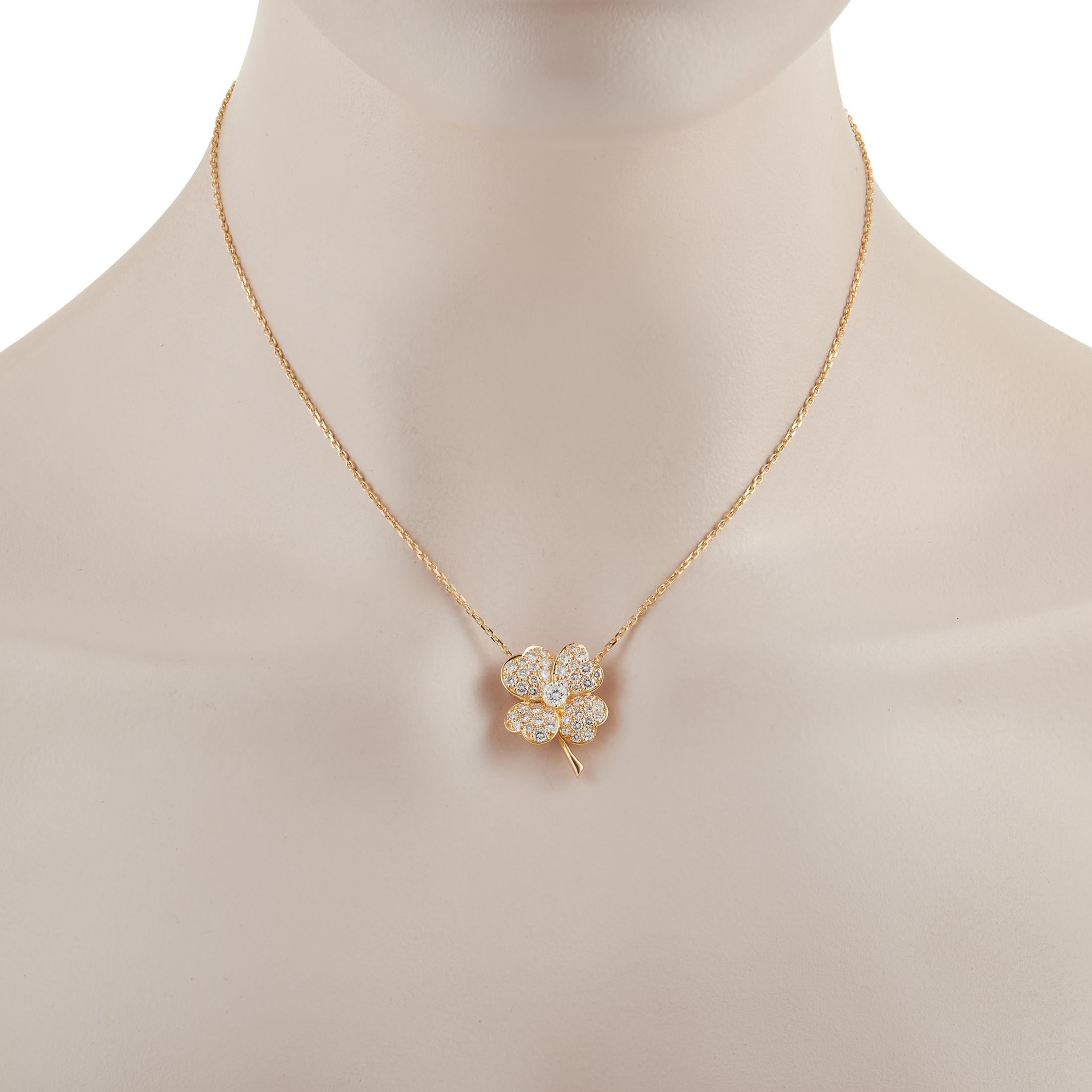 This versatile piece from the Van Cleef & Arpels Cosmos collection is delightfully unexpected. The brand’s iconic clover comes to life thanks to the opulent pendant, which measures .88” long and .63” wide. It’s also covered in glittering F color,