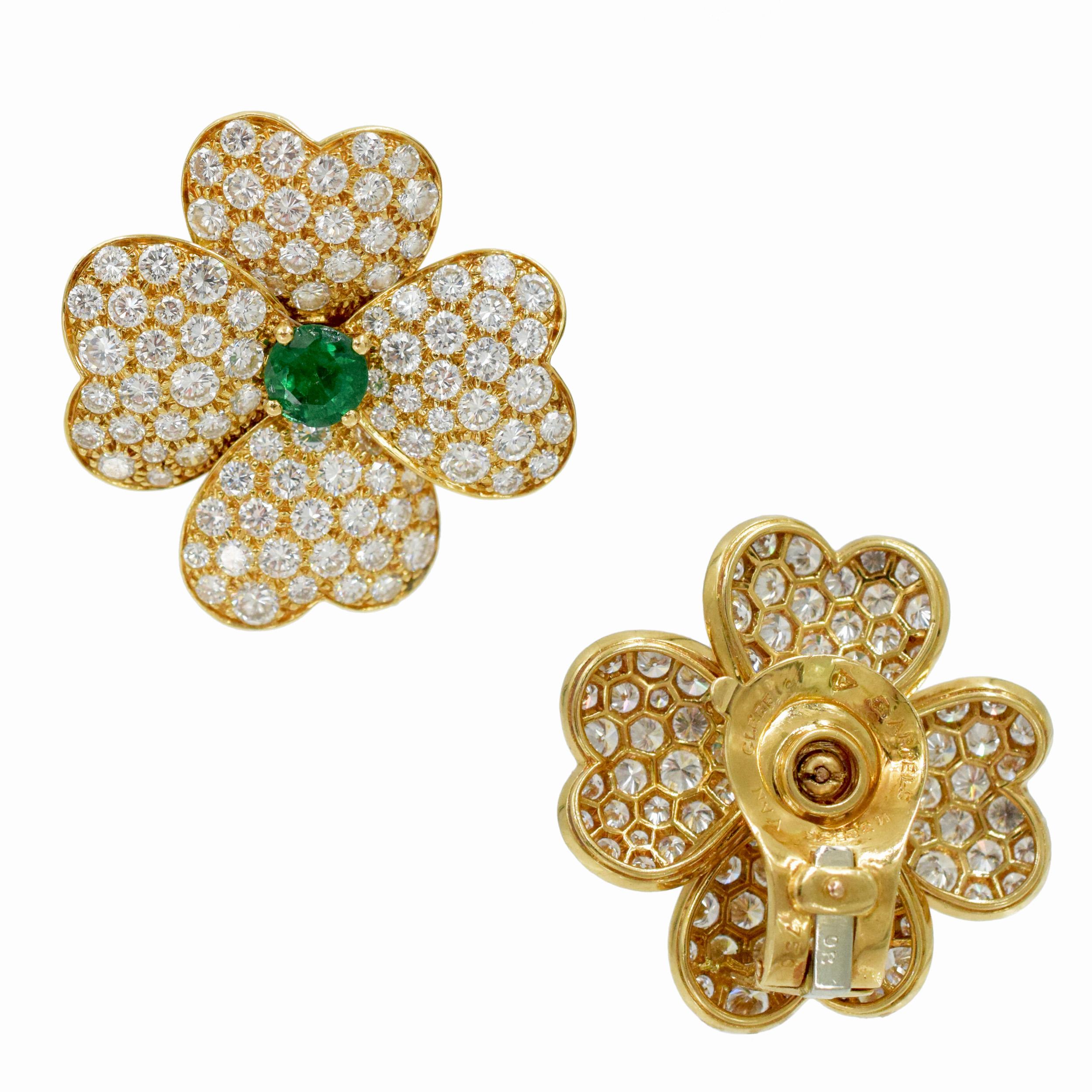 Emerald Cut Van Cleef & Arpels 'Cosmos' Diamond and Emerald Earrings and Brooch For Sale