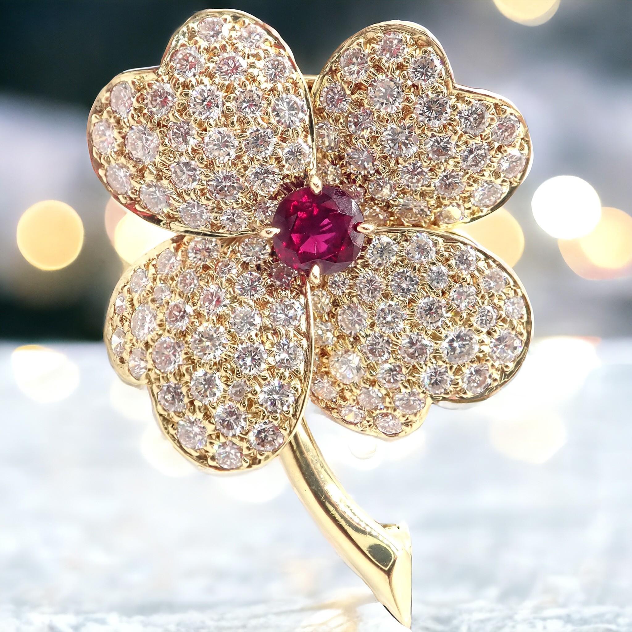 18k Gelbgold Diamant und Rubin Kosmos-Anhänger Brosche von Van Cleef & Arpels
Der Cosmos-Broschen-Anhänger von Van Cleef & Arpels ist ein wunderschönes Stück aus 18 Karat Gelbgold. 
Er zeichnet sich durch ein elegantes, floral inspiriertes Design