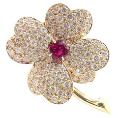 Retro Van Cleef & Arpels Cosmos Diamond And Ruby Yellow Gold Pendant Brooch