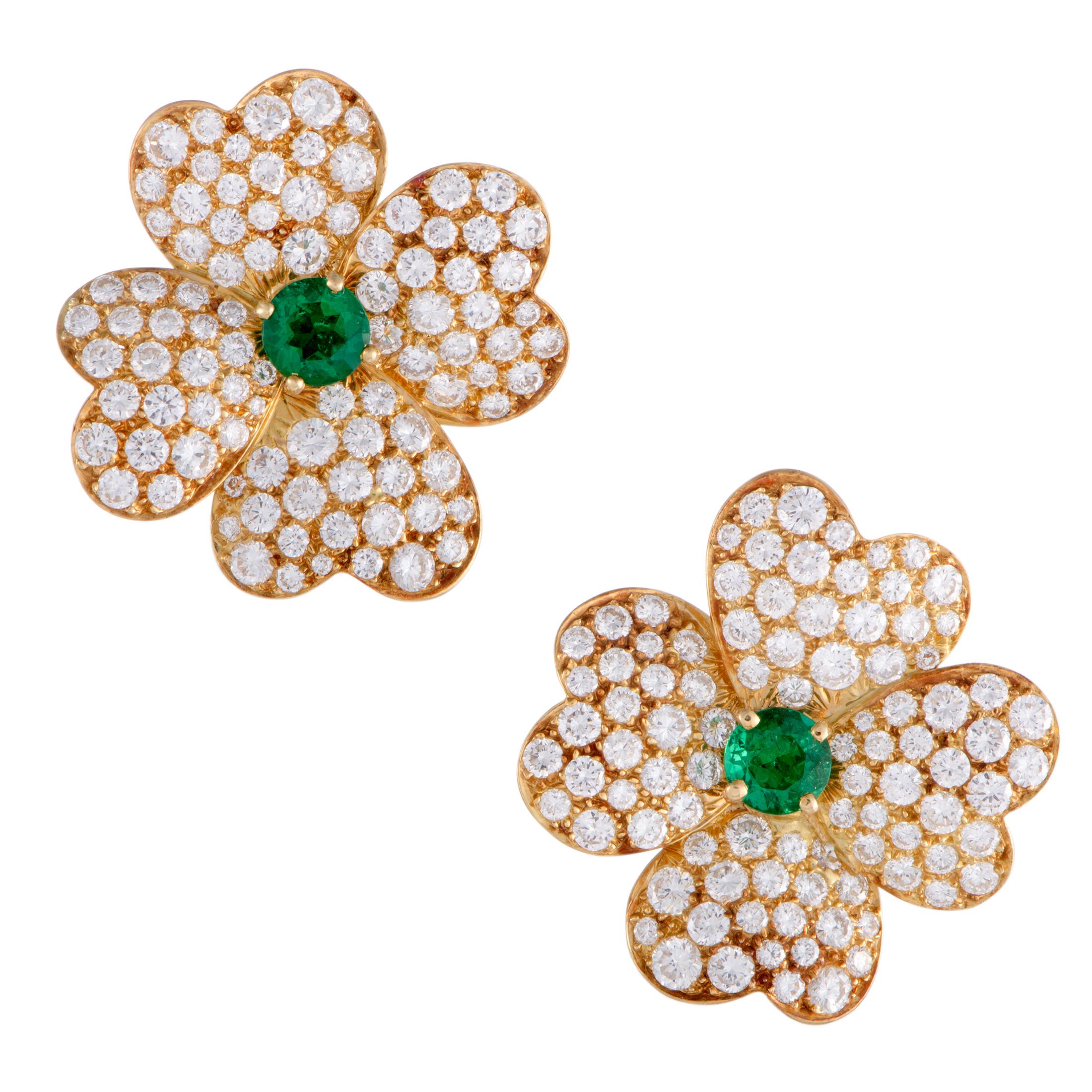 Van Cleef & Arpels Cosmos Diamond & Emerald Gold Flower Brooch and Earring Set 1