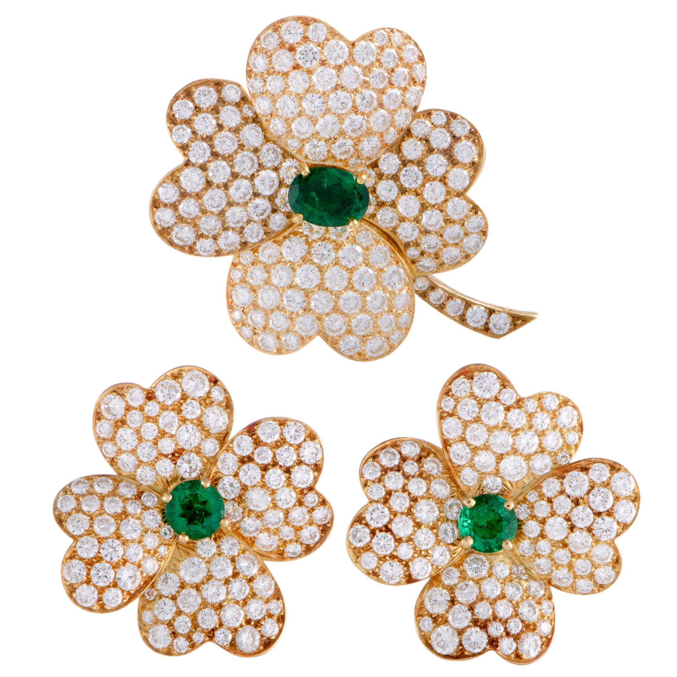 Van Cleef & Arpels Cosmos Diamond & Emerald Gold Flower Brooch and Earring Set