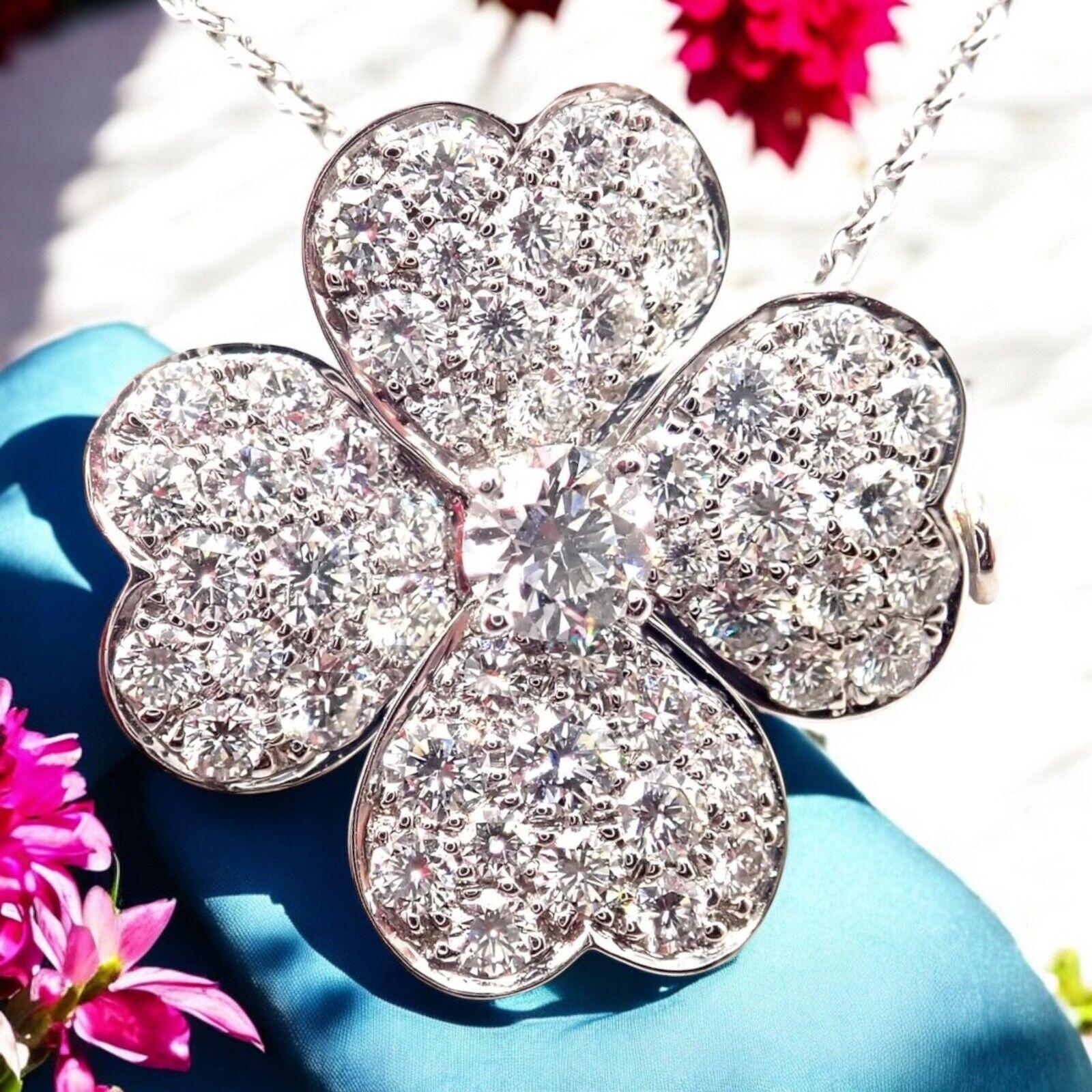 Round Cut Van Cleef & Arpels Cosmos Diamond Medium White Gold Brooch Pendant Necklace For Sale