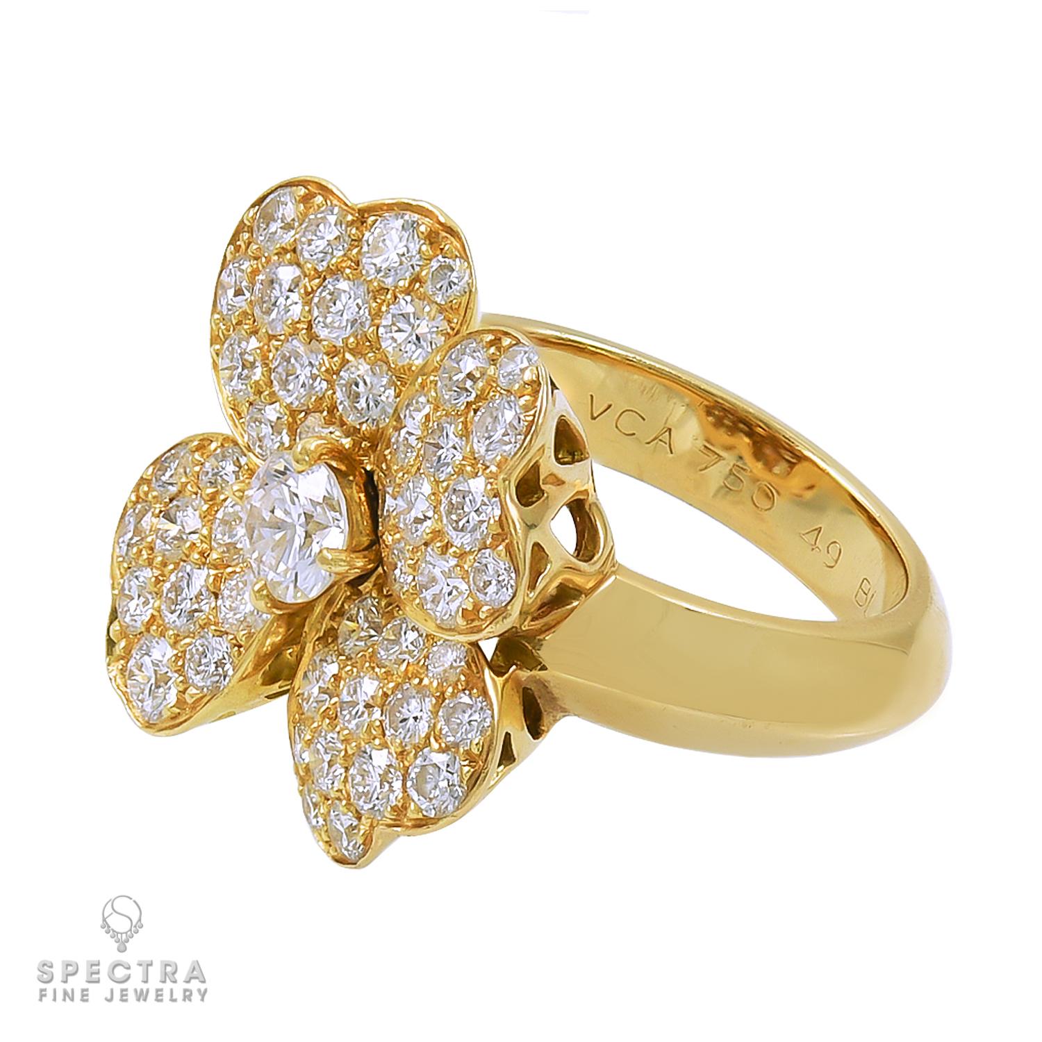 Van Cleef & Arpels 'Cosmos' ring (small model) of 18k yellow gold and diamonds containing approximately 1.70 carats, D-E-F color, VVS clarity. 
Gross weight: 9.55 gram
Size 49 (US 4.5)
Comes with the original box and valuation paper from Van Cleef &