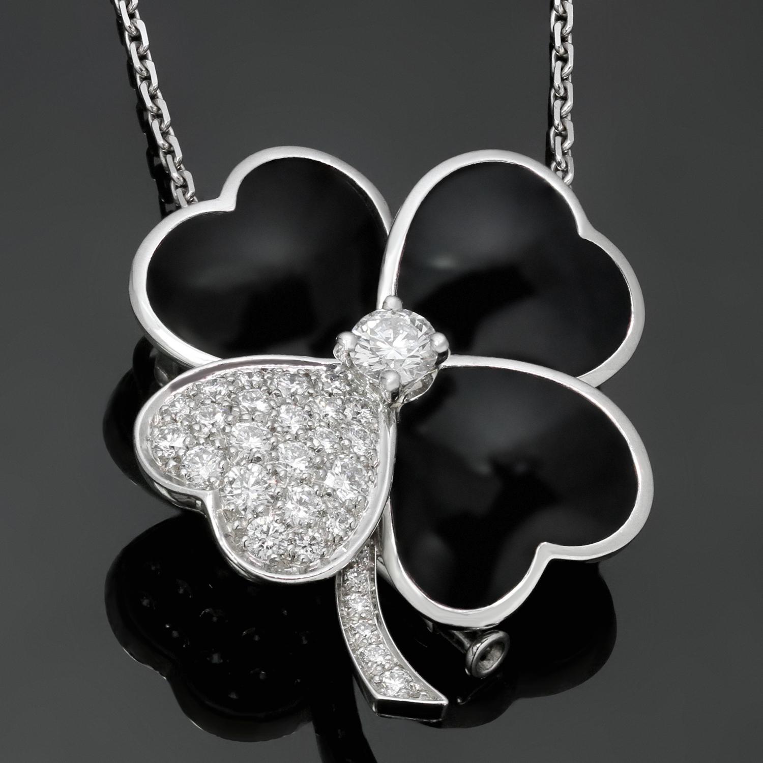 The enchanting Cosmos collection is inspired by VCA's signature flower designs. This gorgeous necklace is crafted in 18k white gold and features a flower-shaped pendant which also be worn as a brooch prong-set brilliant-cut diamond in the center