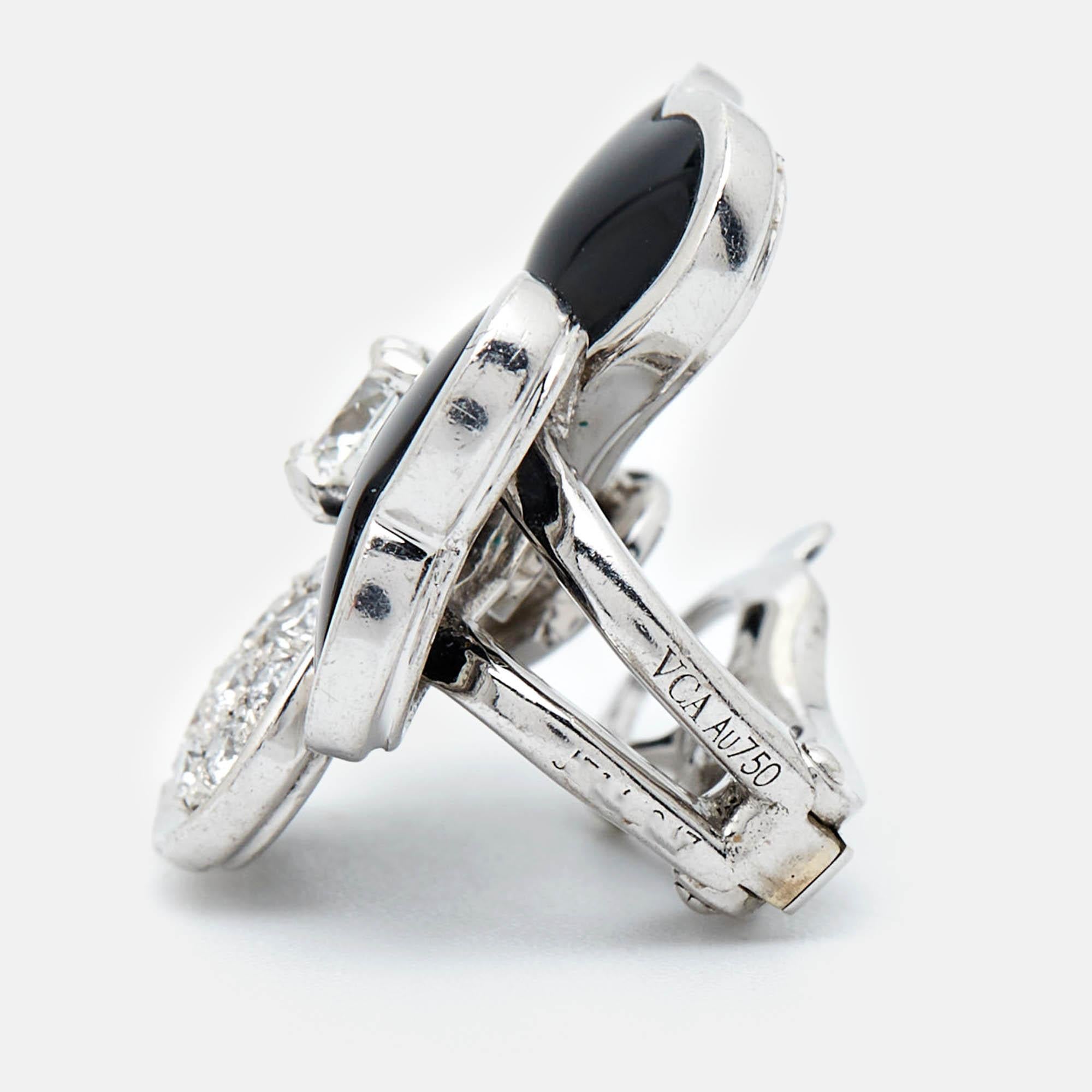 Women's Van Cleef & Arpels Cosmos Onyx Diamonds 18k White Gold Medium Model Earrings