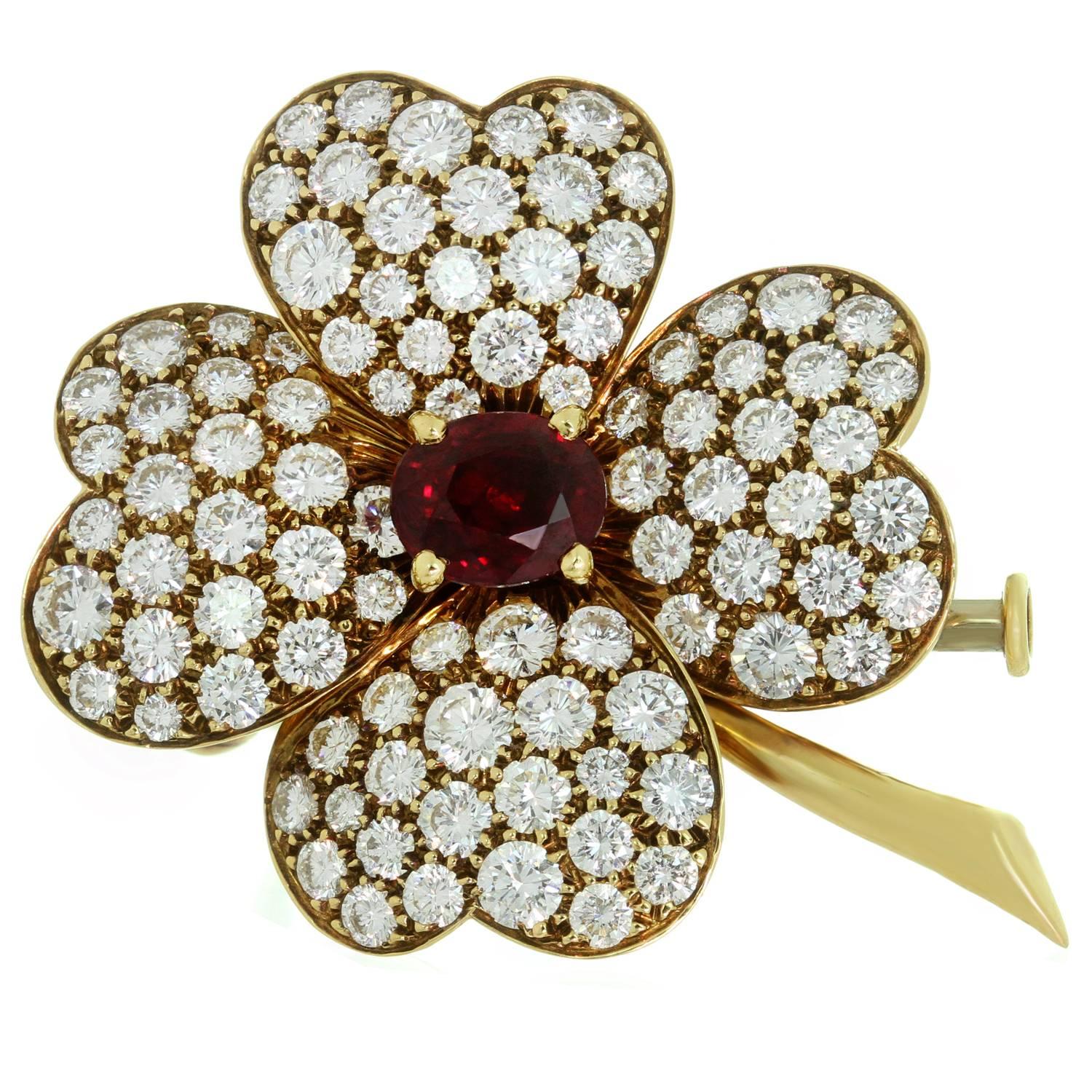 Van Cleef & Arpels Cosmos Ruby Diamond Yellow Gold Flower Pendant Brooch