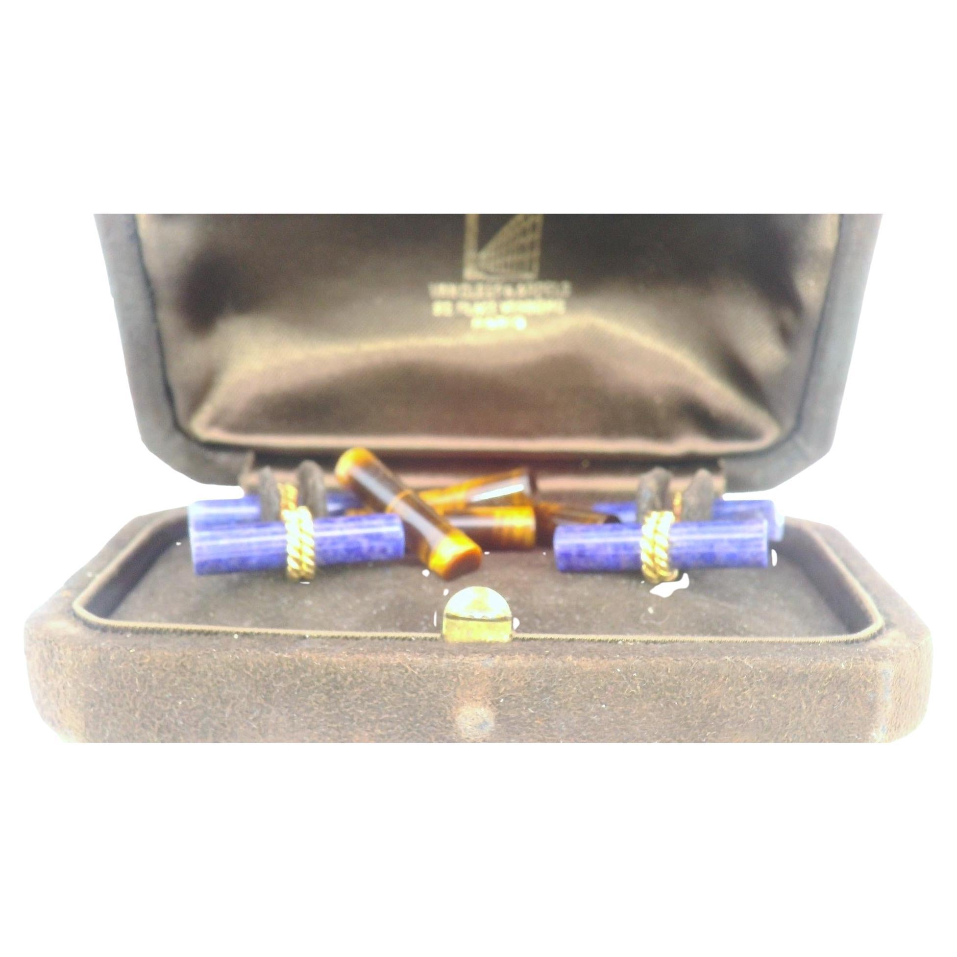 Van Cleef & Arpels Cufflinks 18k Yellow Gold Lapis & Tiger's eye W/Box-Pre-owned