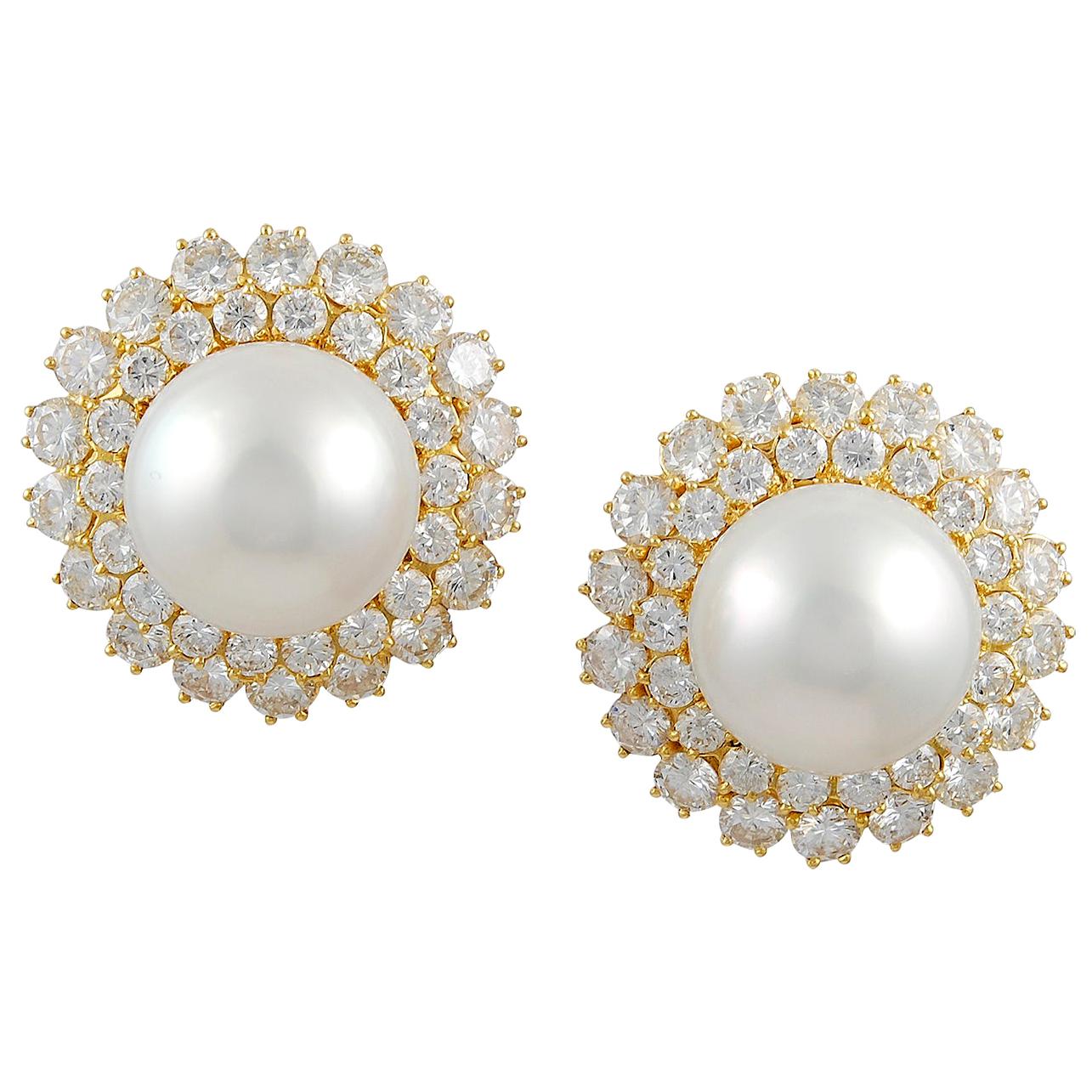 Van Cleef & Arpels Diamond Cultured Pearl Yellow Gold Ear Clips
