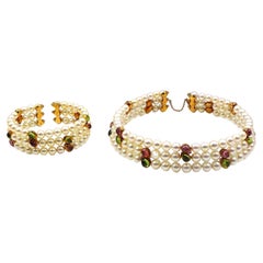 Van Cleef & Arpels Cultured Pearl Multi Gemstone Choker Bracelet Set