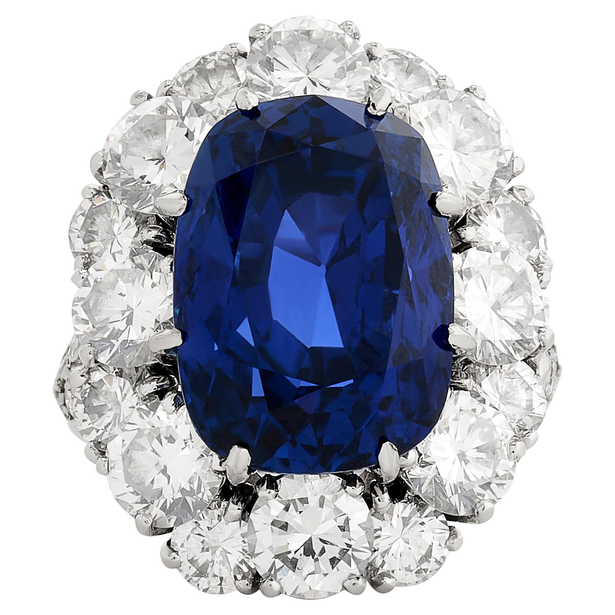 Van Cleef & Arpels Cushion Sapphire and Diamond Halo Ring in Platinum For Sale