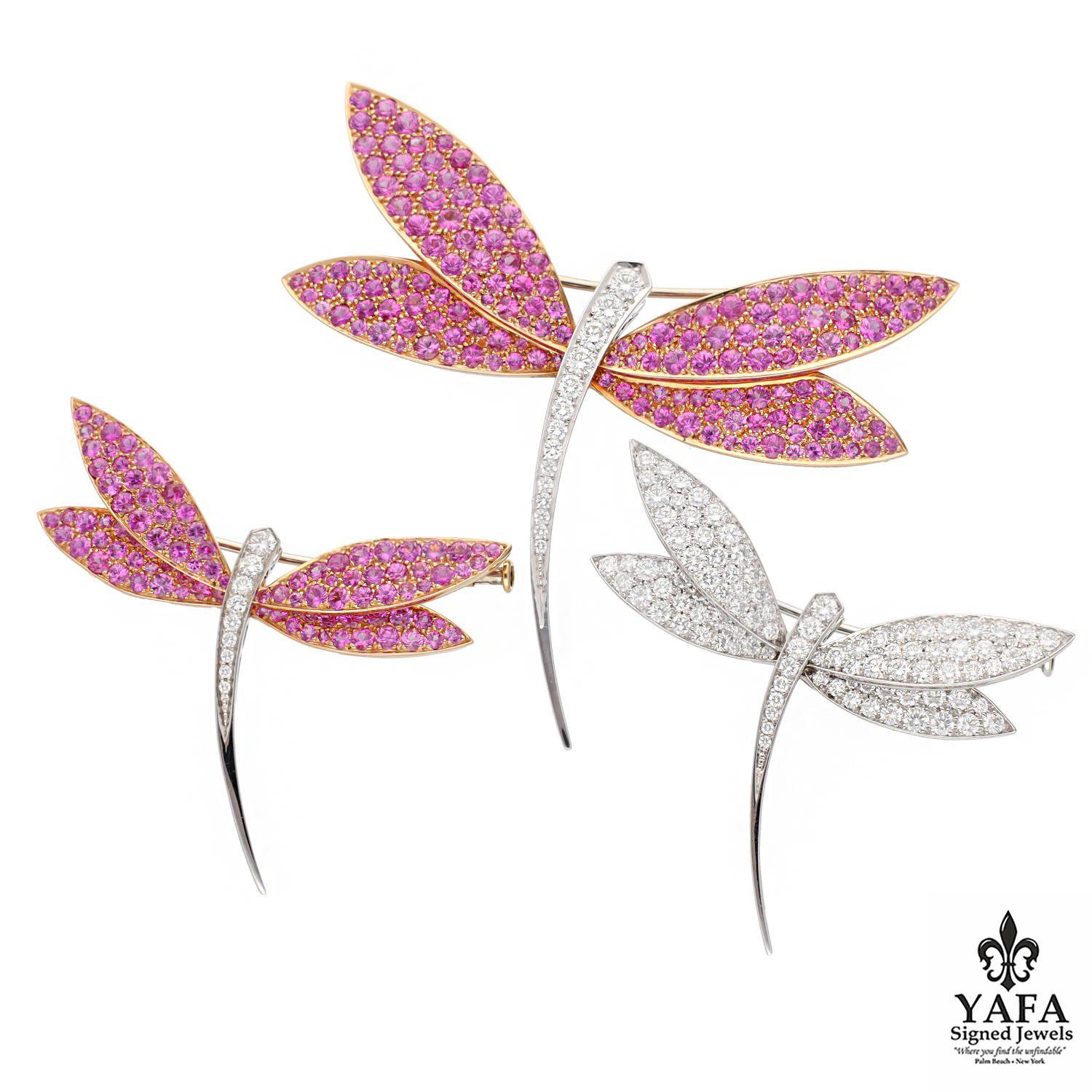 Captivating Jewelry Full of Loveliness and Elegance This Magnificent Dragonfly Brooch Set Features Three Pieces: 
- 1 Large Brooch in 18K White Gold, Generously Festooned with Pink Sapphires and Diamonds.
- 1 Small Brooch Unrestrained with Dazzling