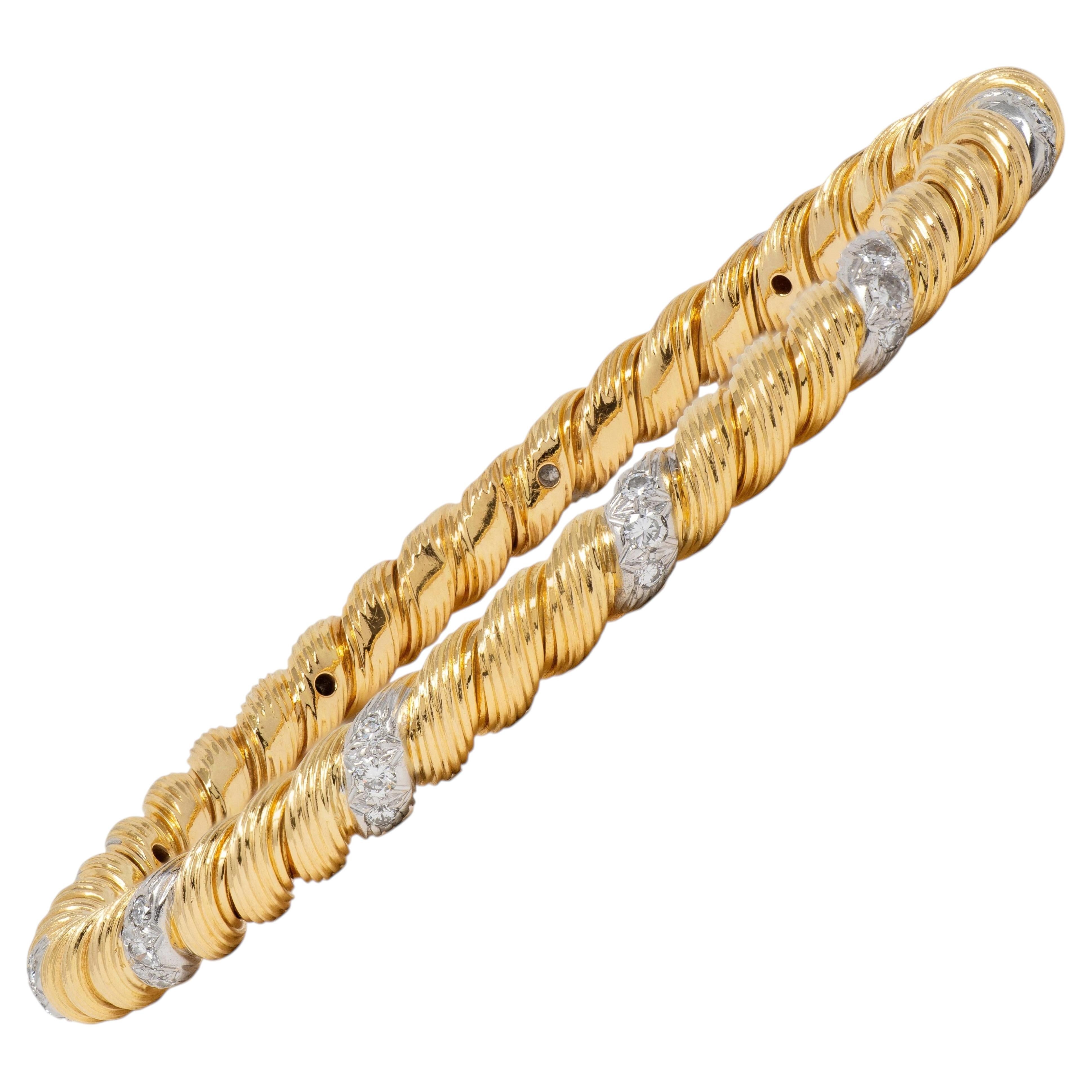 Van Cleef & Arpels Diamond 18K Gold Platinum Vintage Twisted Bangle Bracelet