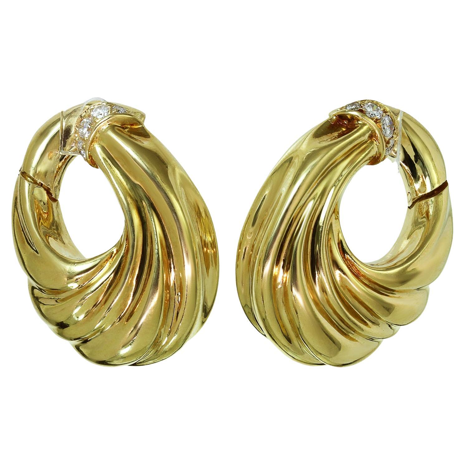 Van Cleef & Arpels Diamond 18k Yellow Gold Hoop Earrings For Sale