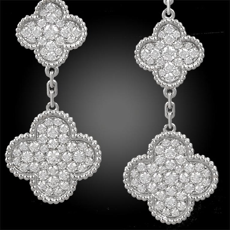 Round Cut Van Cleef & Arpels Diamond Alhambra Earrings