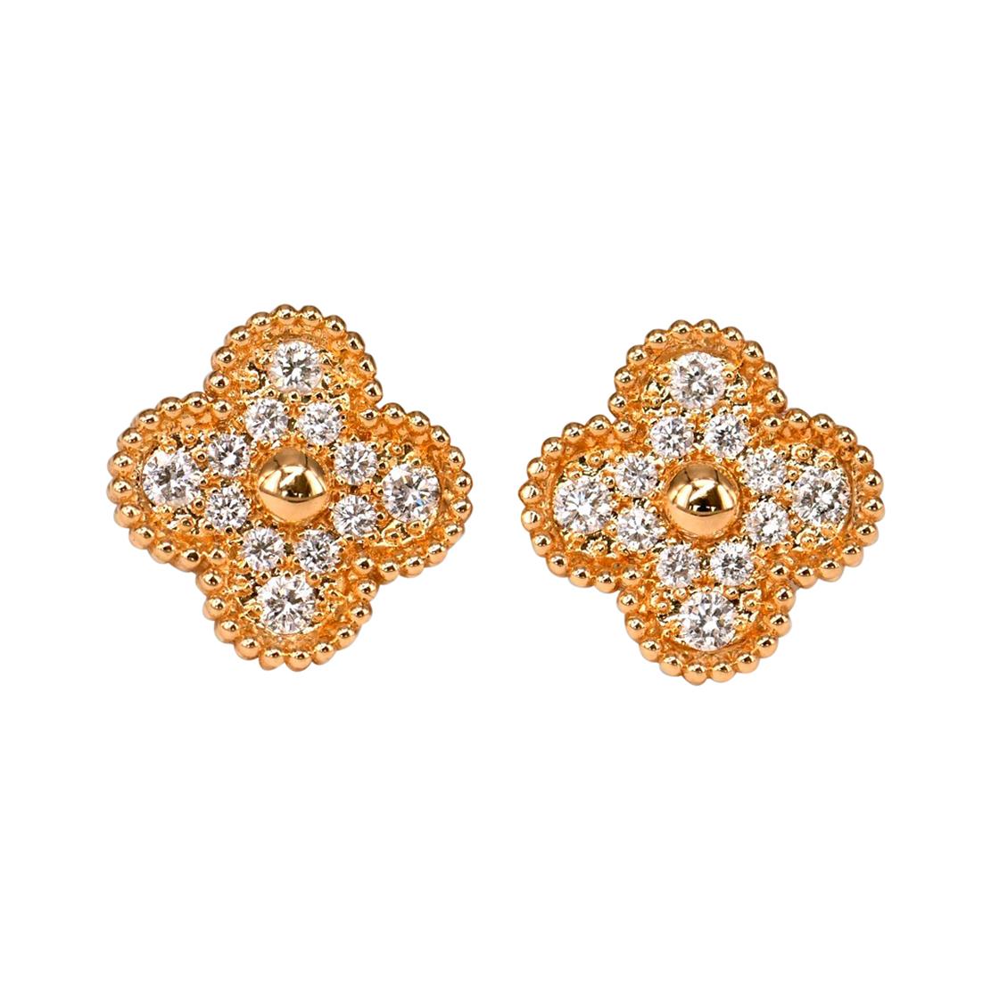 Van Cleef & Arpels Diamond Alhambra Vintage 18k Yellow Gold Earrings