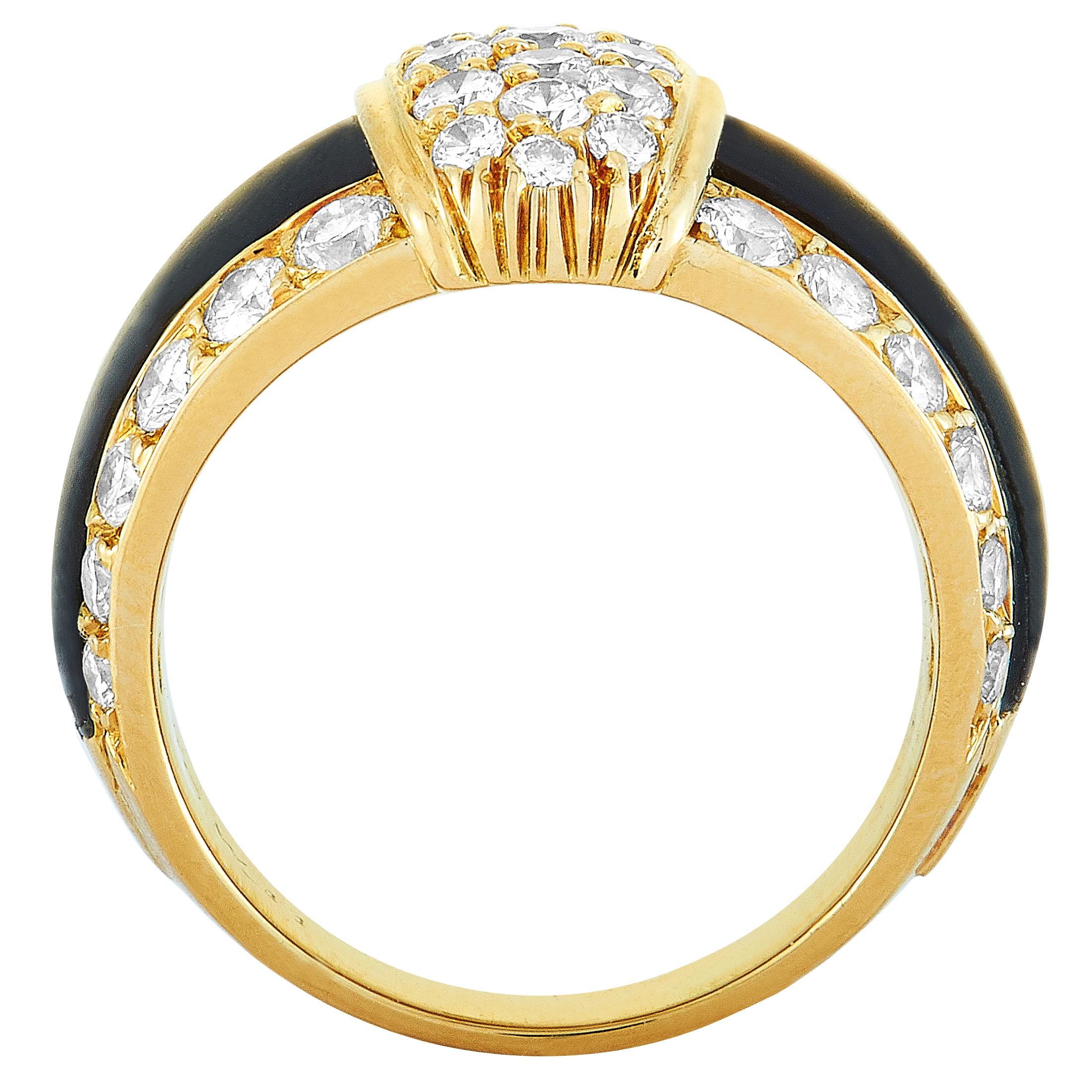 This Van Cleef & Arpels ring is made of 18K yellow gold and embellished with onyx and diamonds. The ring weighs 9.4 grams, boasting band thickness of 4 mm and top height of 4 mm, while top dimensions measure 20 by 14 mm.

Offered in estate