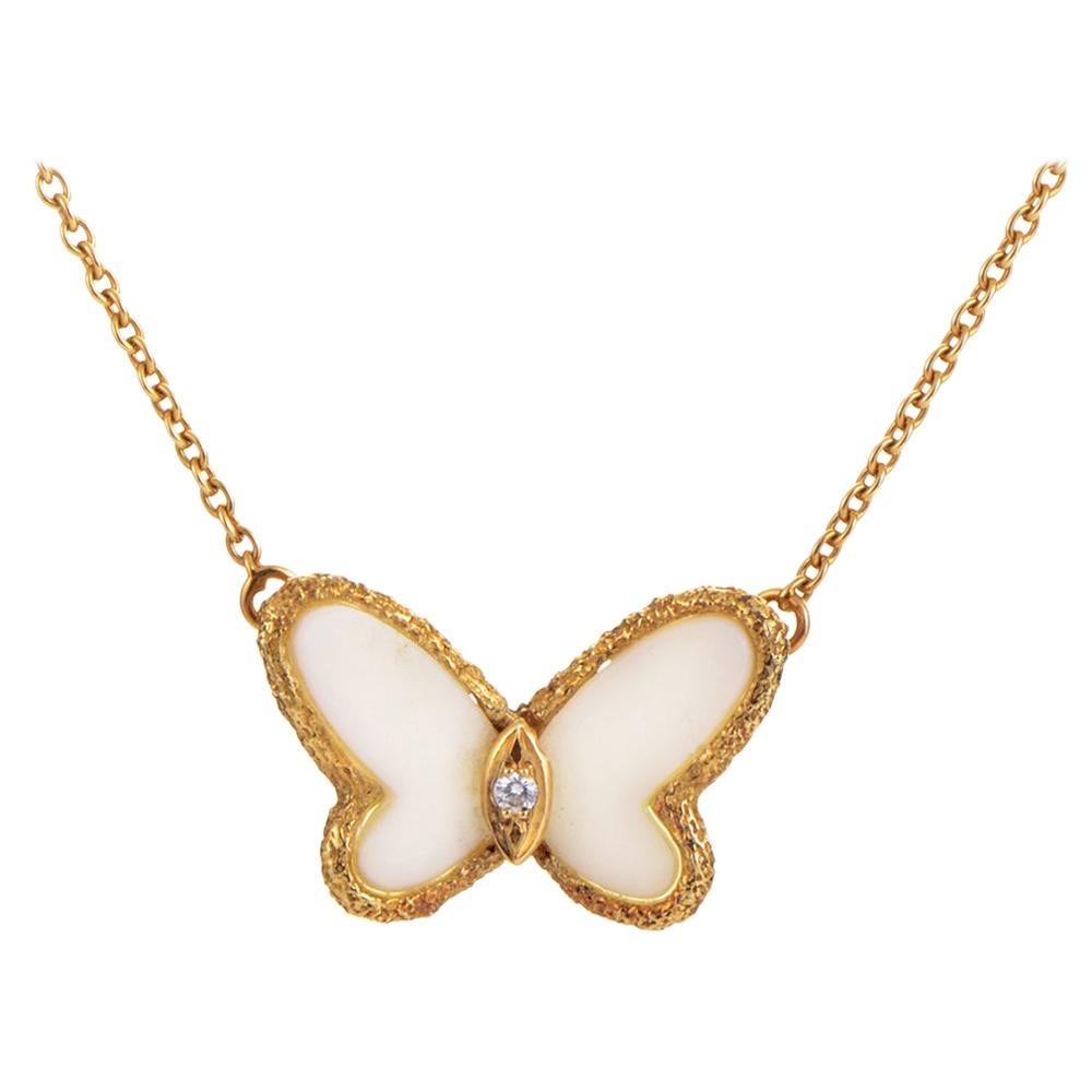 Van Cleef & Arpels Diamond and Coral 18 Karat Yellow Gold Butterfly Necklace