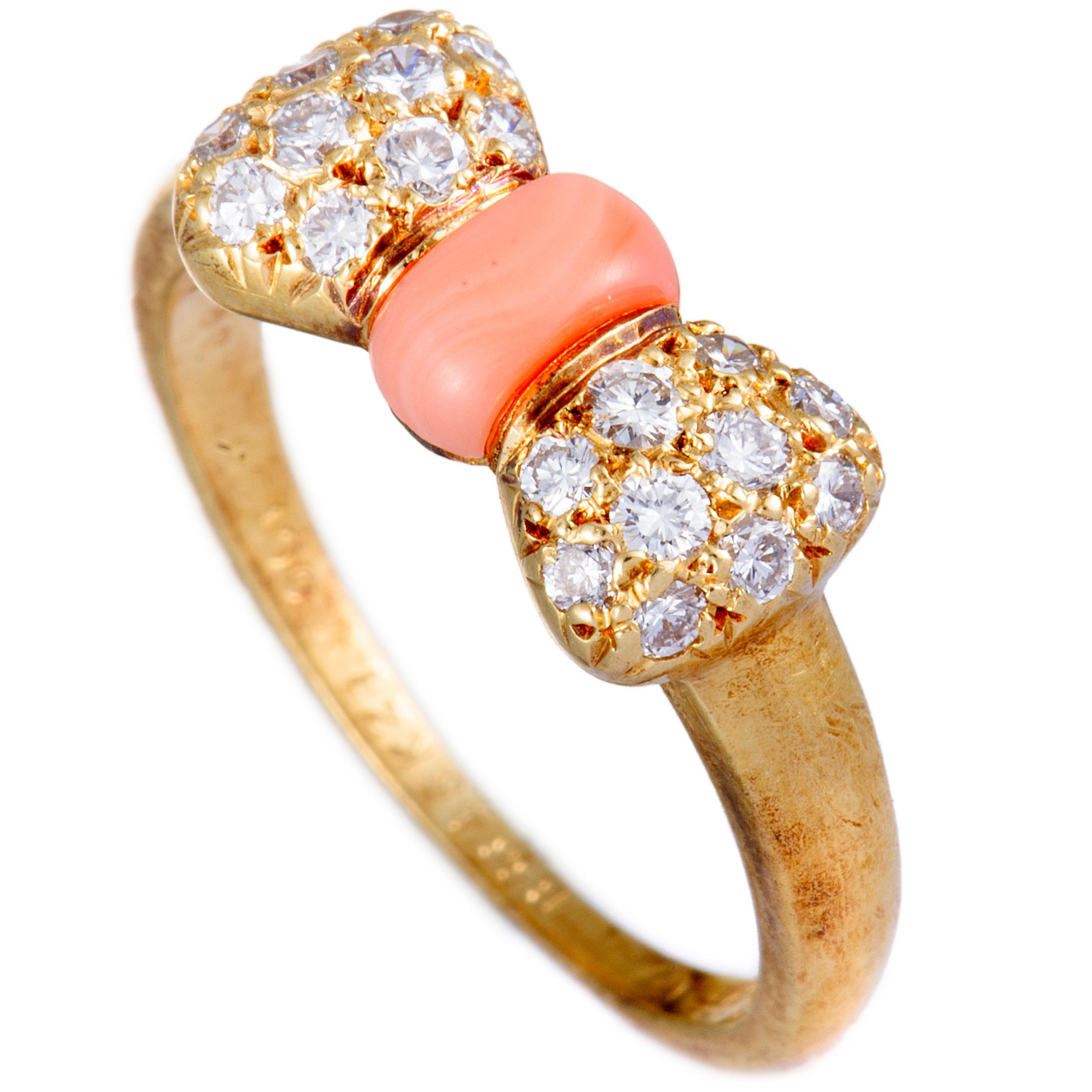 Van Cleef & Arpels Diamond and Coral Yellow Gold Bow Ring