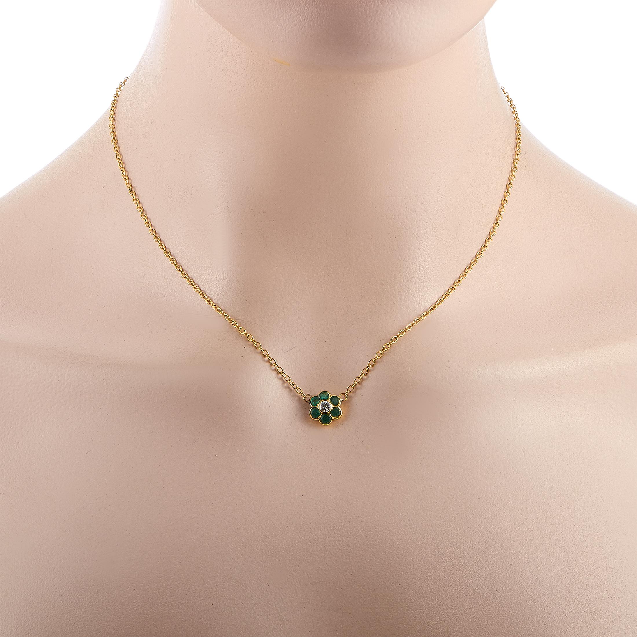 This Van Cleef & Arpels necklace is crafted from 18K yellow gold and embellished with emeralds and a diamond. The necklace weighs 5 grams and is presented with a 17” chain, onto which a 0.37” by 0.37” pendant is attached.

Offered in estate