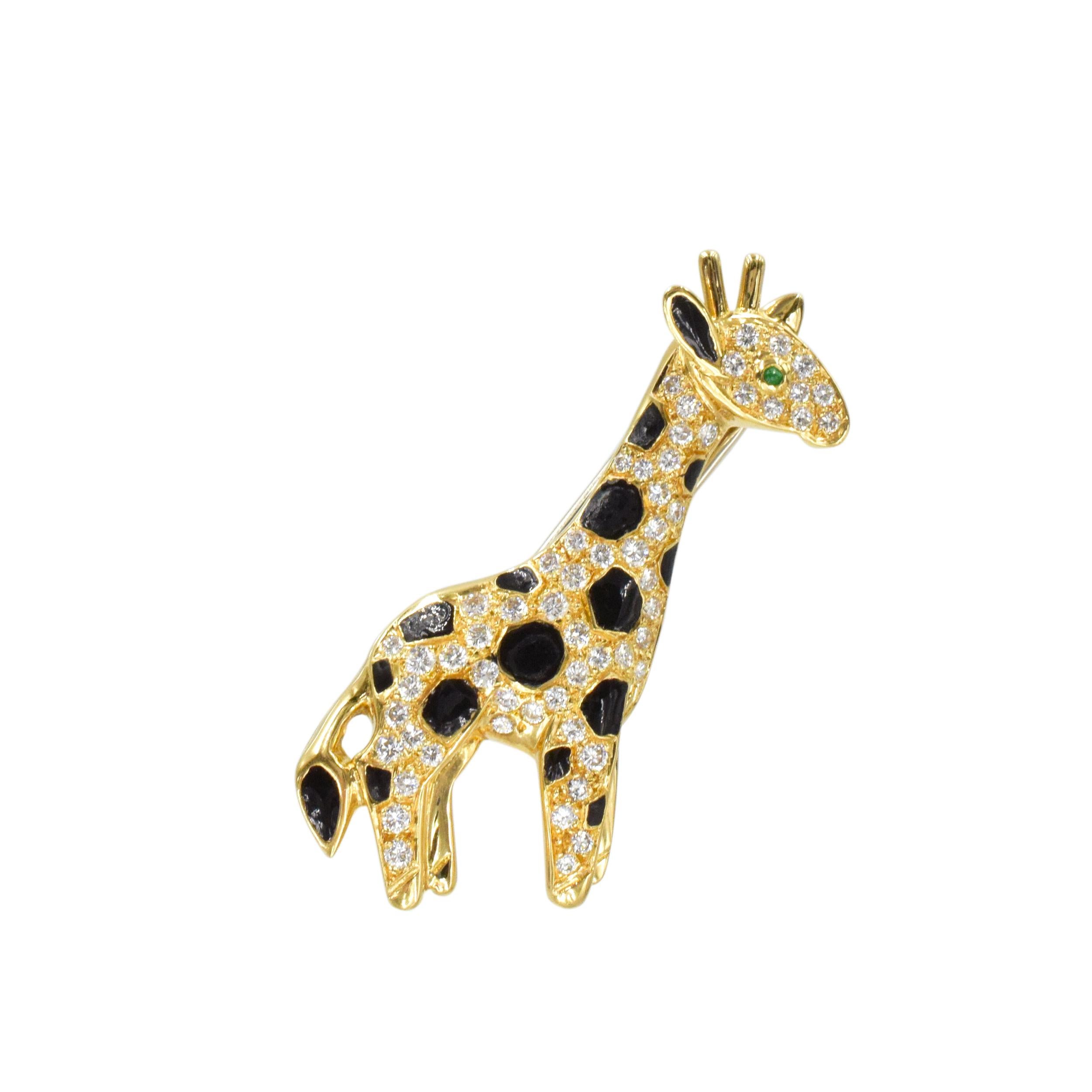 Van Cleef & Arpels diamond and enamel Giraffe brooch crafted in 18k yellow gold. 
This brooch is encrusted with 60 round brilliant cut diamonds with total weight of approximately 1.0ct, color E-F, clarity VS. The spots and tail inlaid with black