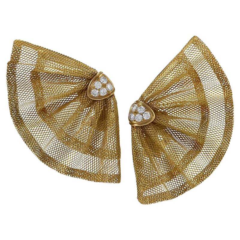 Van Cleef & Arpels Diamond and Gold "Tulle" Fan Earrings