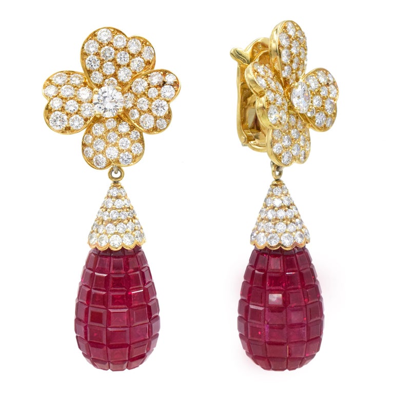Van Cleef and Arpels Diamond and 'Invisibly-Set' Ruby Earrings For Sale at  1stDibs