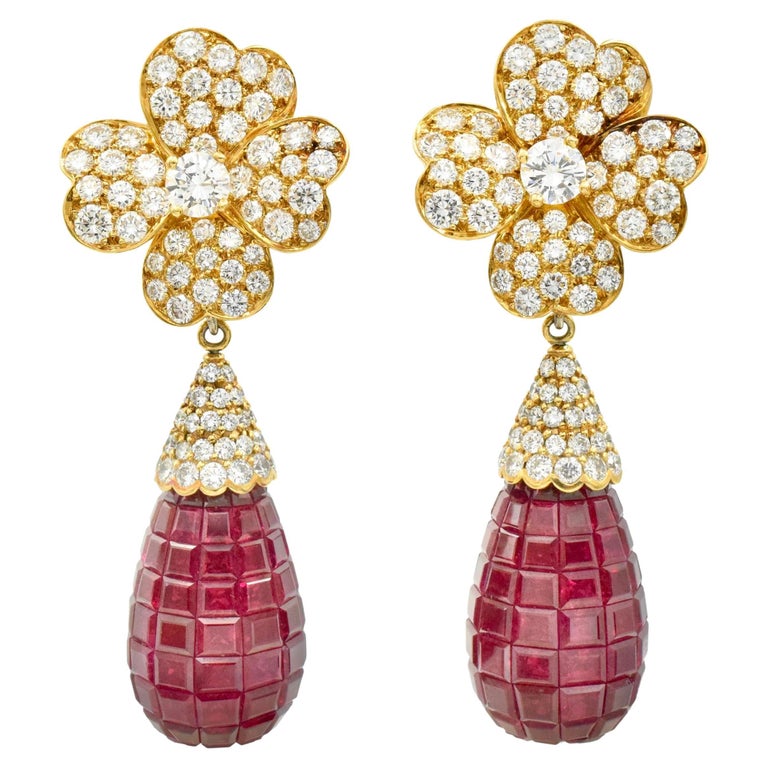 Van Cleef and Arpels Diamond and 'Invisibly-Set' Ruby Earrings For Sale at  1stDibs
