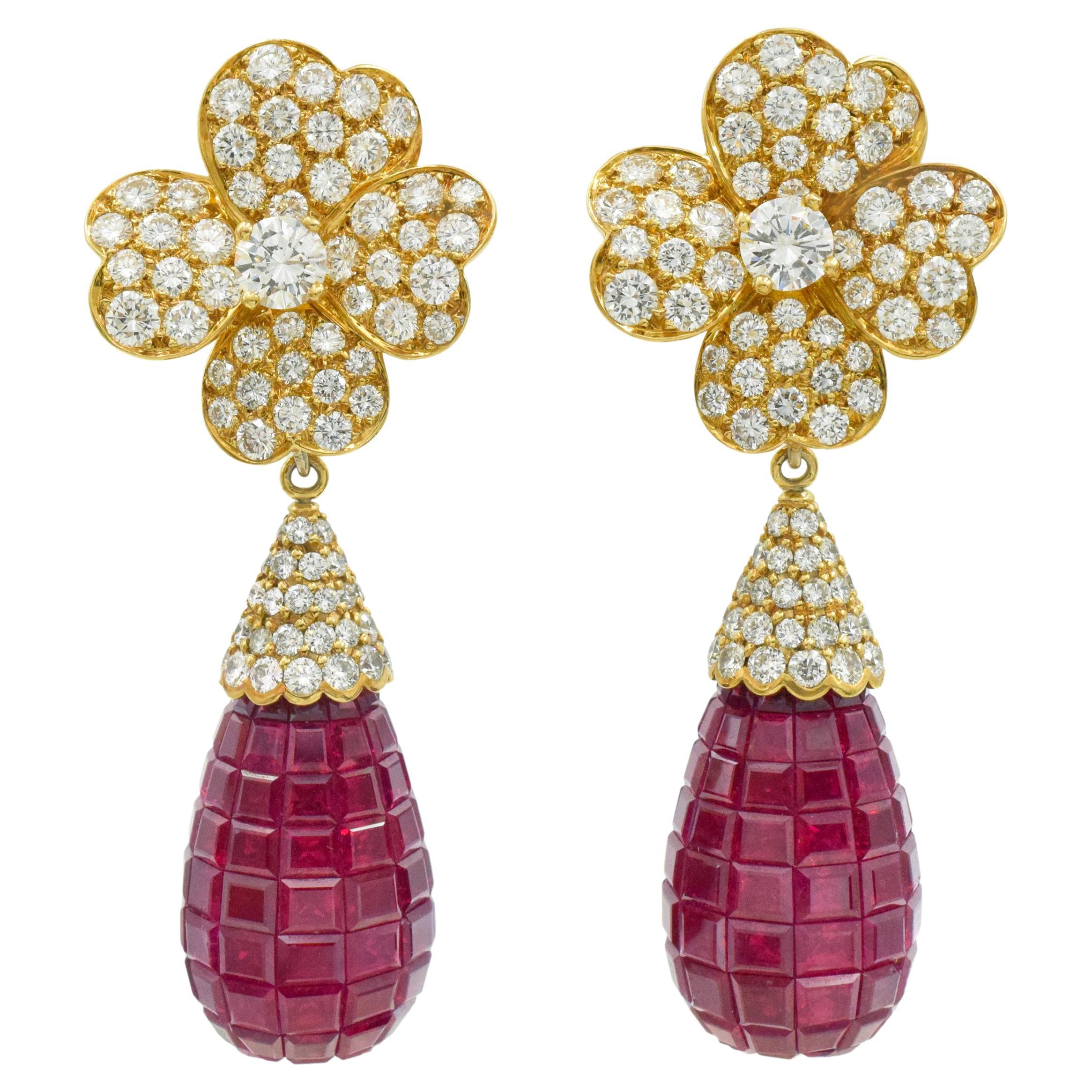Van Cleef & Arpels Diamond and  'Invisibly-Set' Ruby Earrings