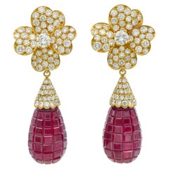 Vintage Van Cleef & Arpels Diamond and  'Invisibly-Set' Ruby Earrings