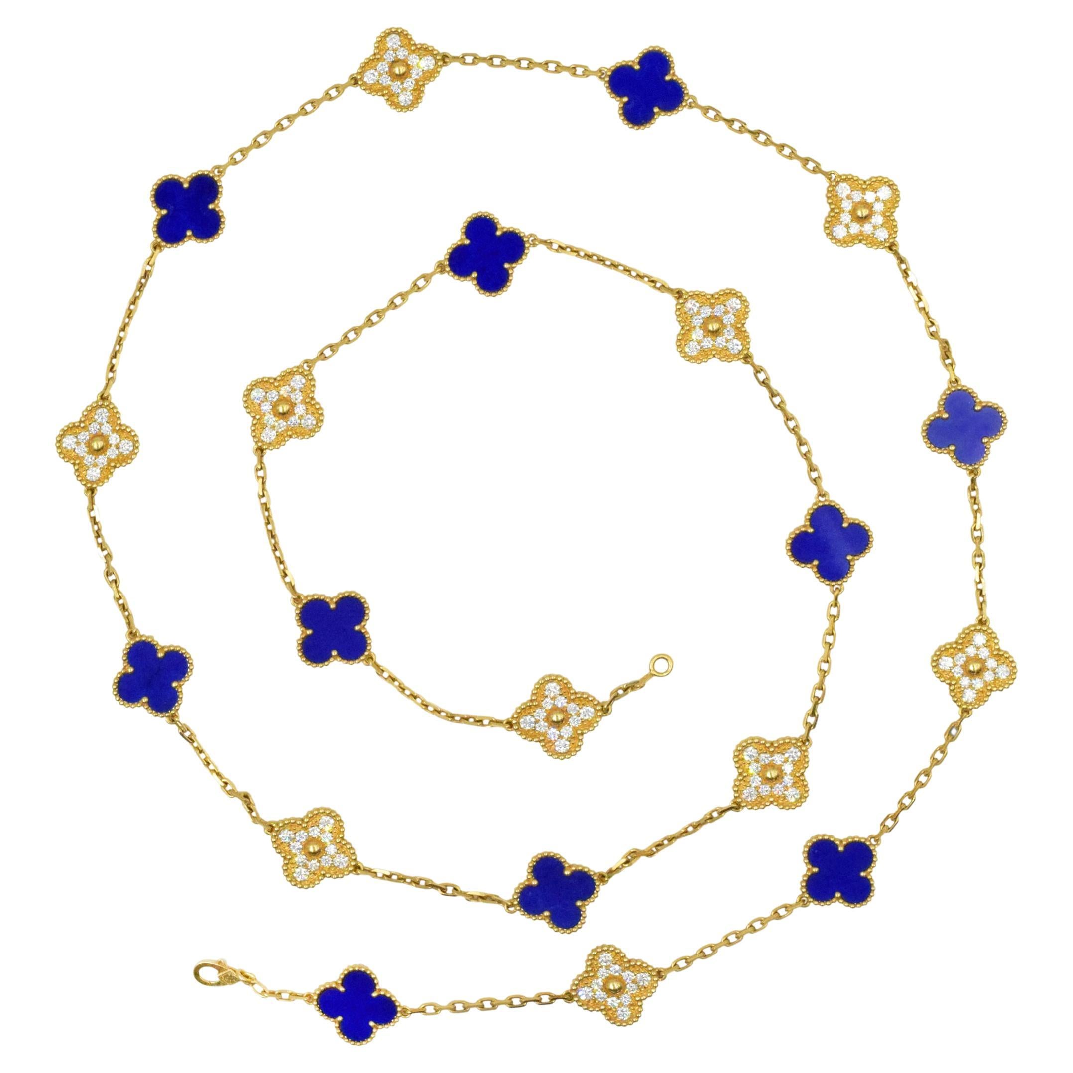 Van Cleef & Arpels Diamond and Lapis Lazuli Alhambra Necklace  For Sale