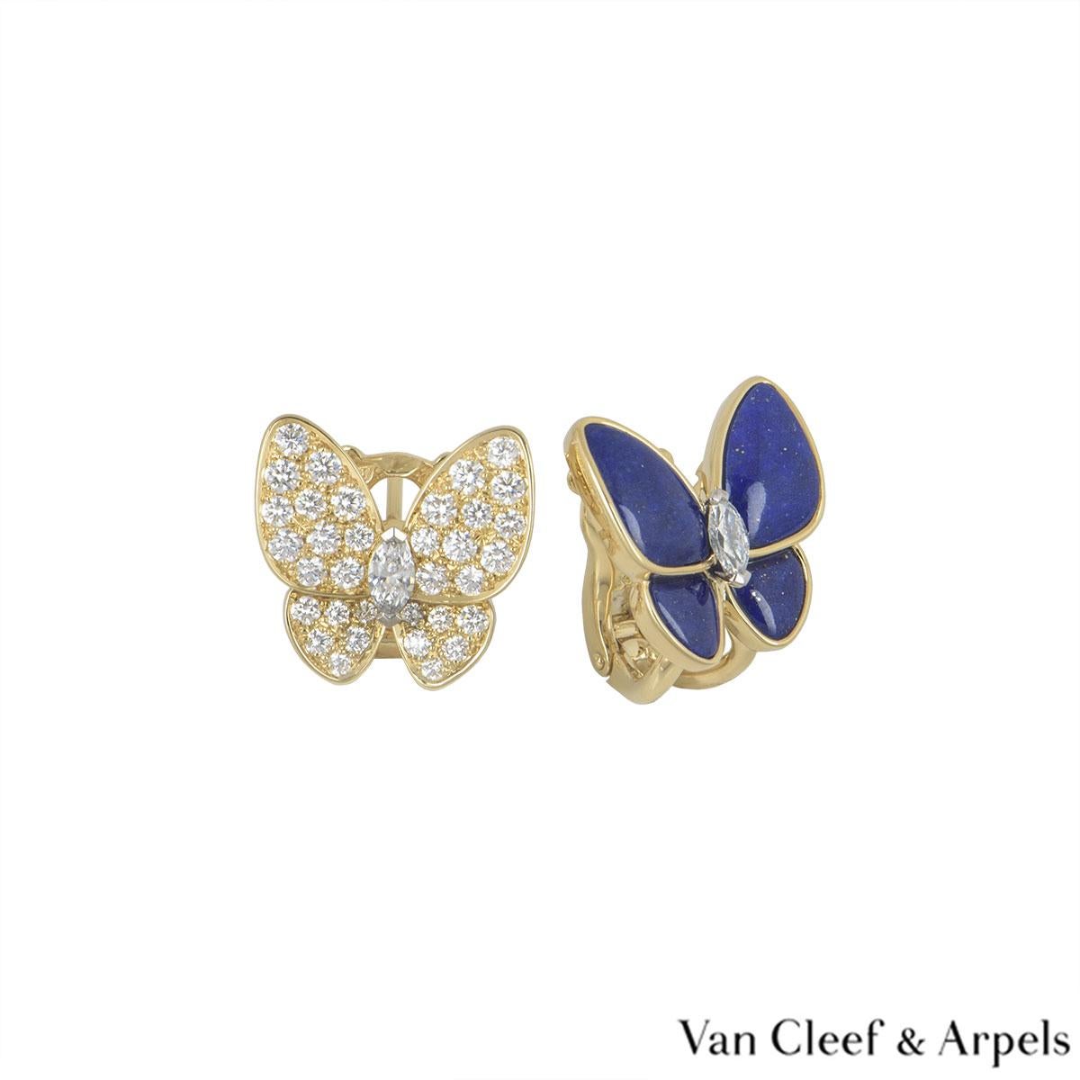 A beautiful pair of 18k yellow gold earrings from the Two Butterfly Fauna collection by Van Cleef & Arpels. One earring is set with lapis lazuli wings and the other is set with pave round brilliant cut diamond wings. Both earrings feature a single