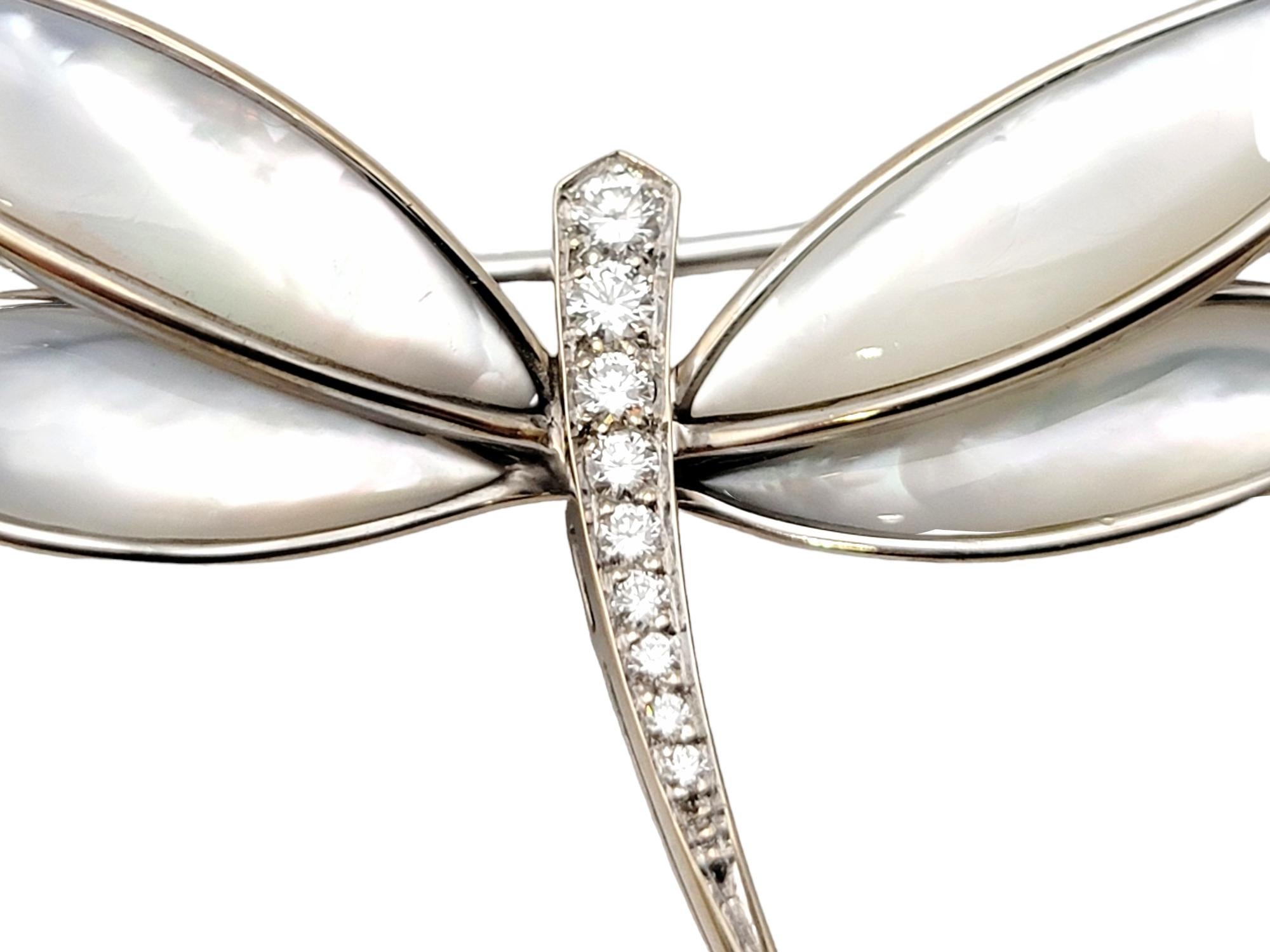Round Cut Van Cleef & Arpels Diamond and Mother of Pearl Dragonfly Brooch in 18 Karat Gold
