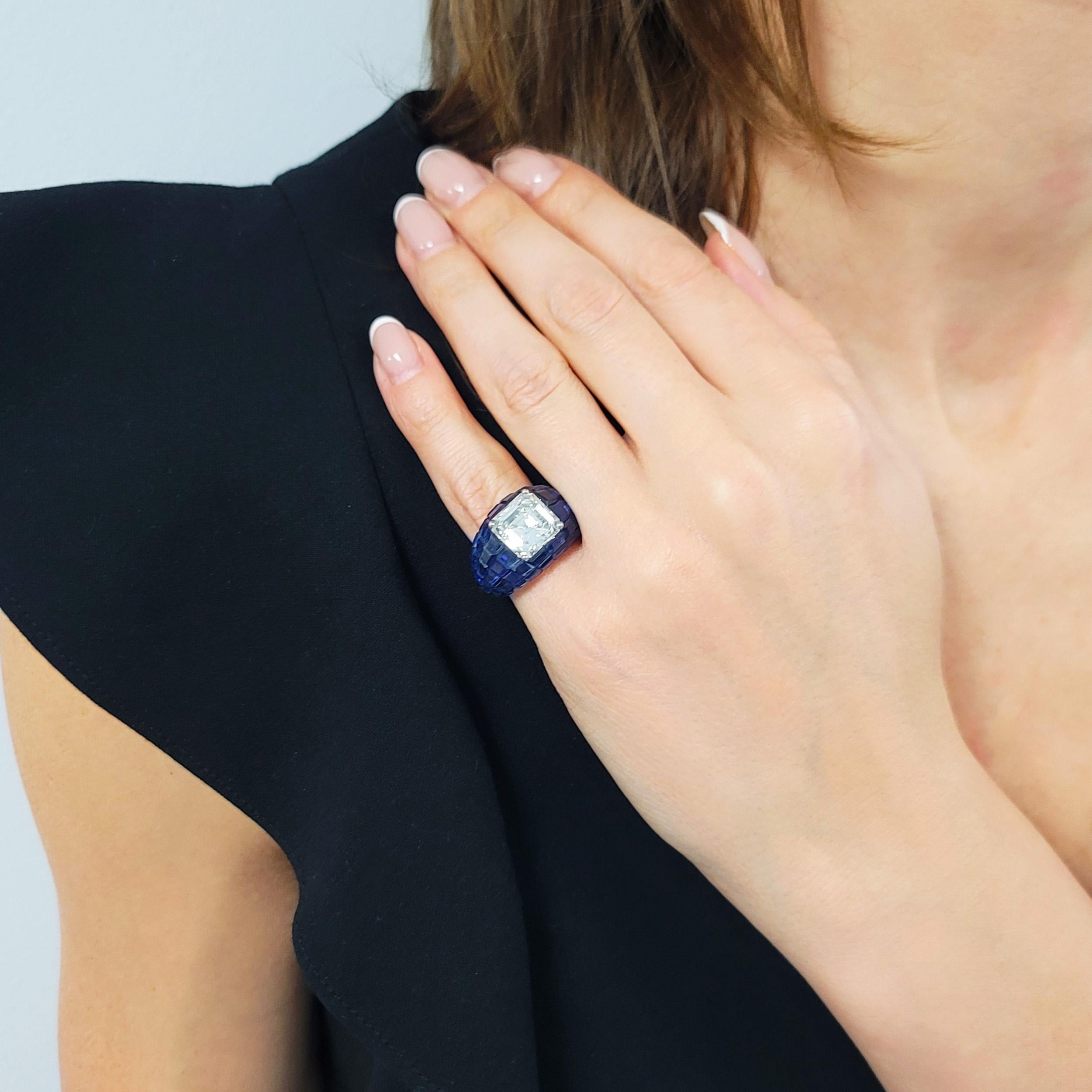 Square Cut Van Cleef & Arpels Diamond and 'Mystery- Set' Sapphire Ring of Bombé Design For Sale