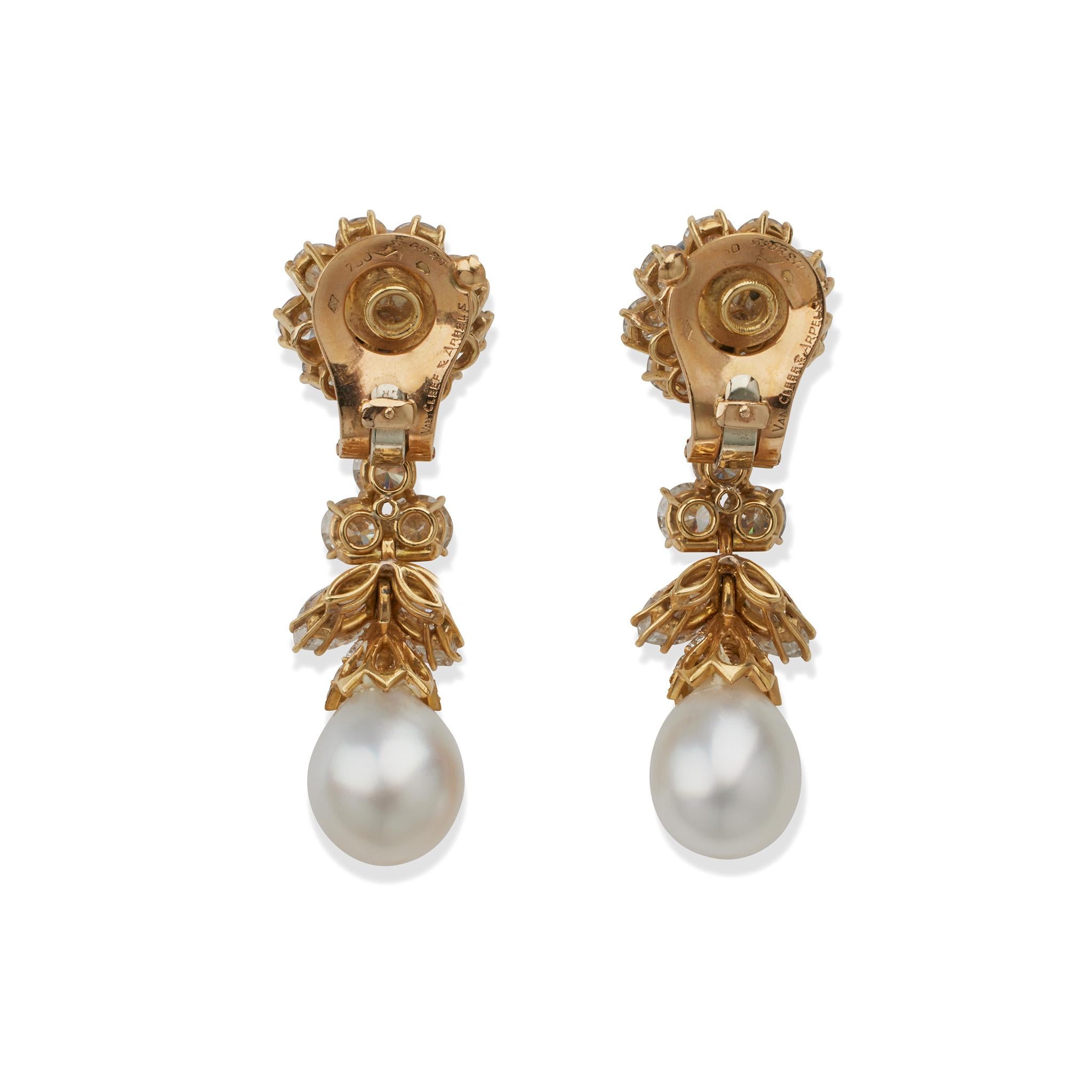 Brilliant Cut Van Cleef & Arpels Diamond and Pearl Clip Earrings For Sale
