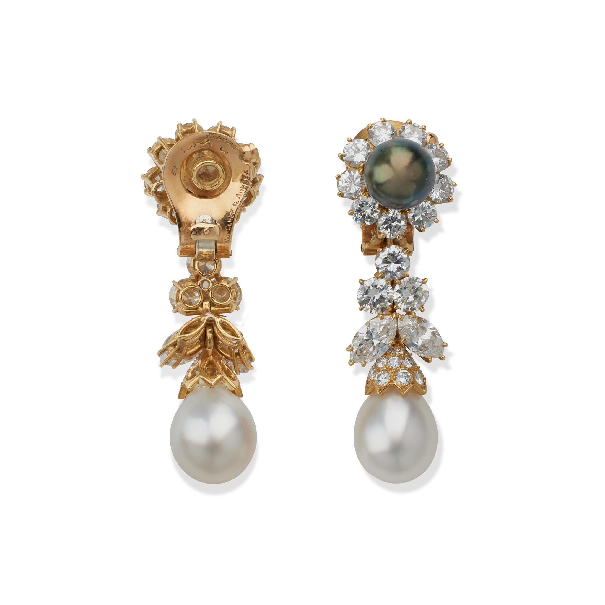 Van Cleef & Arpels Diamond and Pearl Clip Earrings In Excellent Condition For Sale In New York, NY