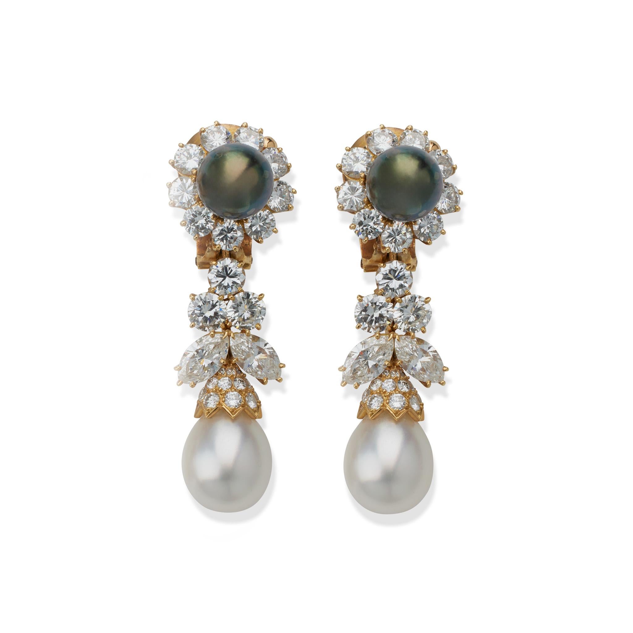Van Cleef & Arpels Diamond and Pearl Clip Earrings For Sale 1