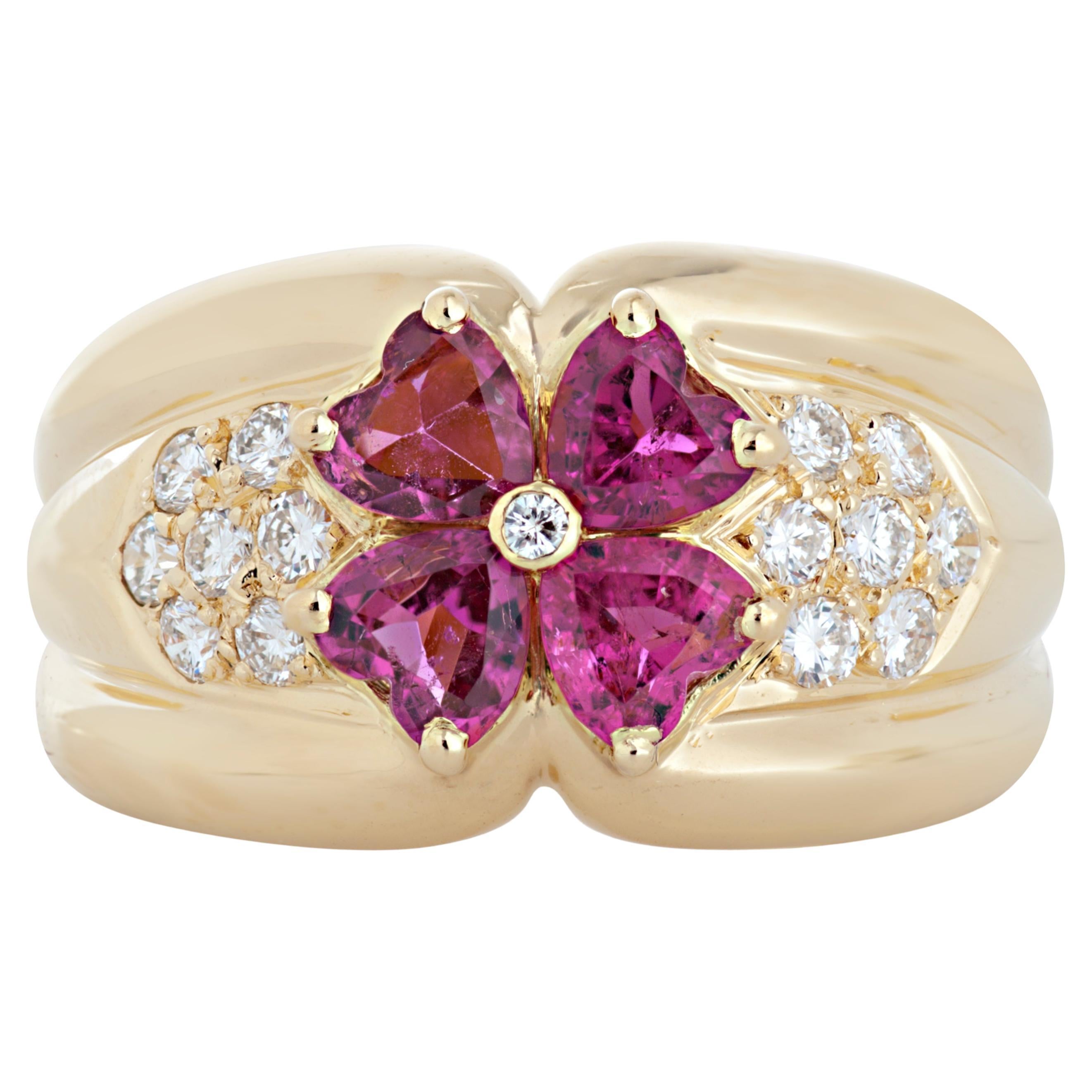 Van Cleef & Arpels Diamond and Pink Tourmaline Flower Ring in 18k Yellow Gold