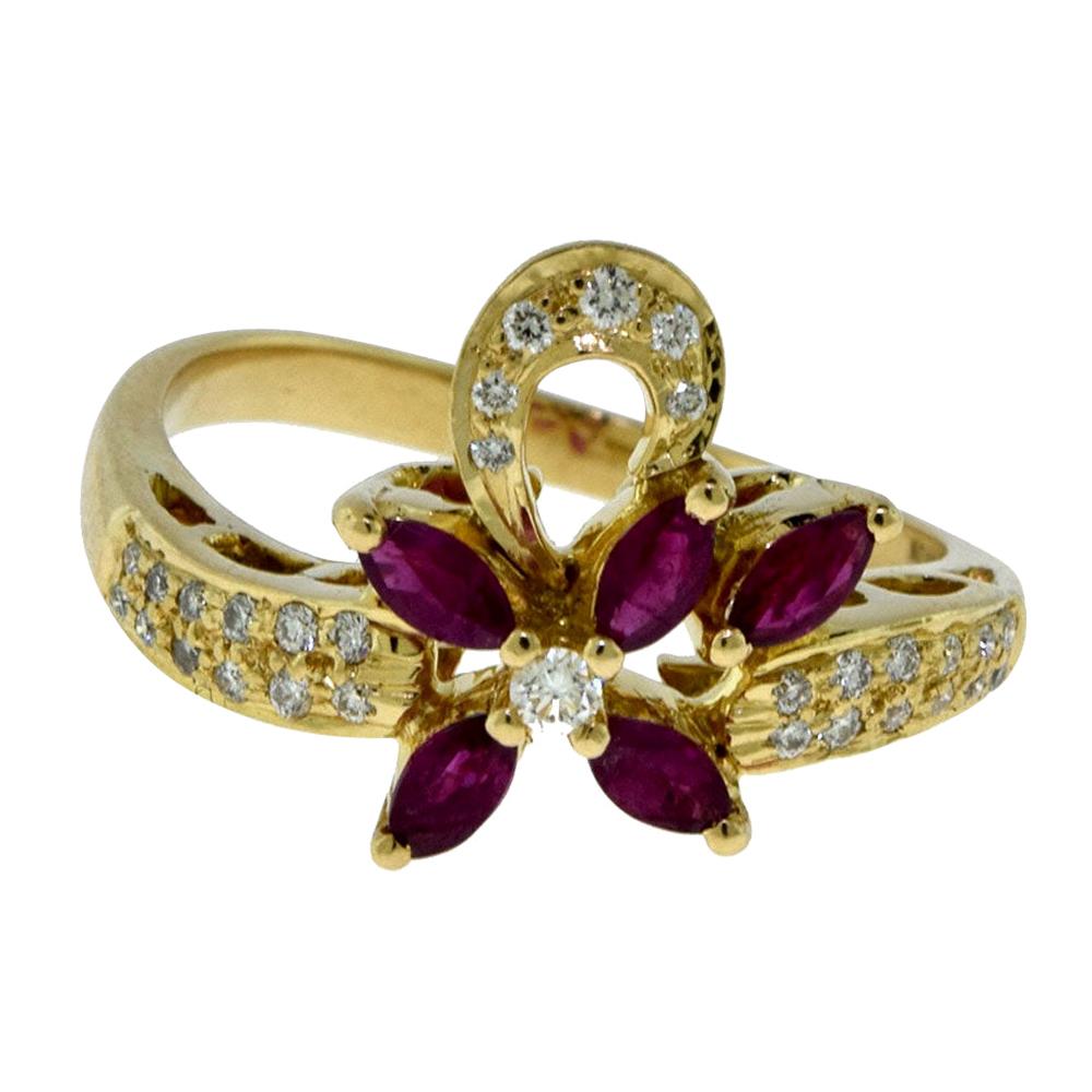 Van Cleef & Arpels Diamond and Ruby Flower Ribbon Yellow Gold Vintage Ring For Sale