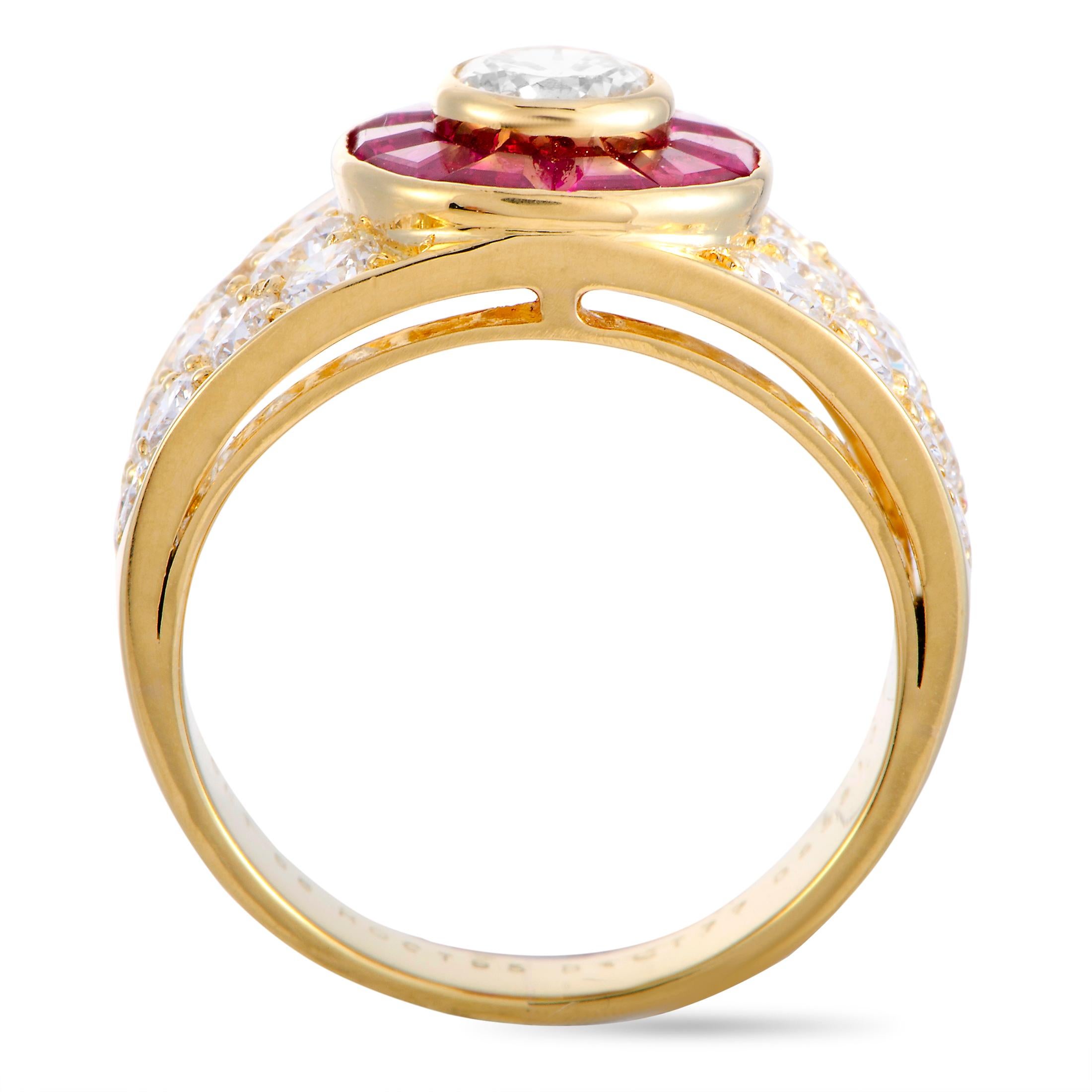 This Van Cleef & Arpels ring is made of 18K yellow gold and weighs 6.5 grams. It is set with a total of 0.95 carats of rubies and a total of 1.77 carats of diamonds featuring grade E color and VVS clarity. The ring boasts band thickness of 4 mm and