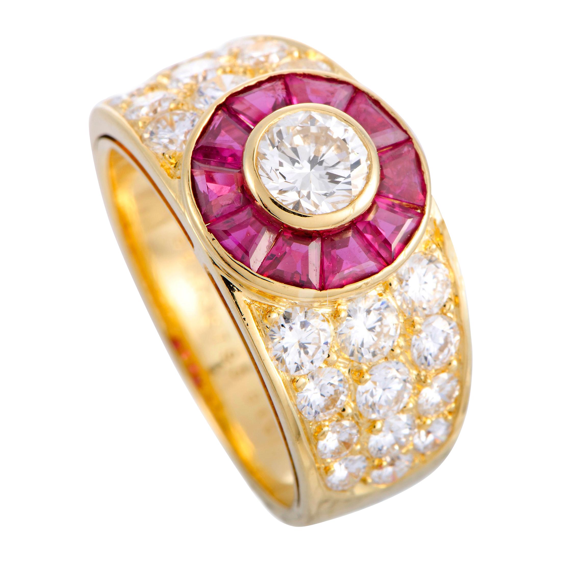 Van Cleef & Arpels Diamond and Ruby Yellow Gold Flower Ring