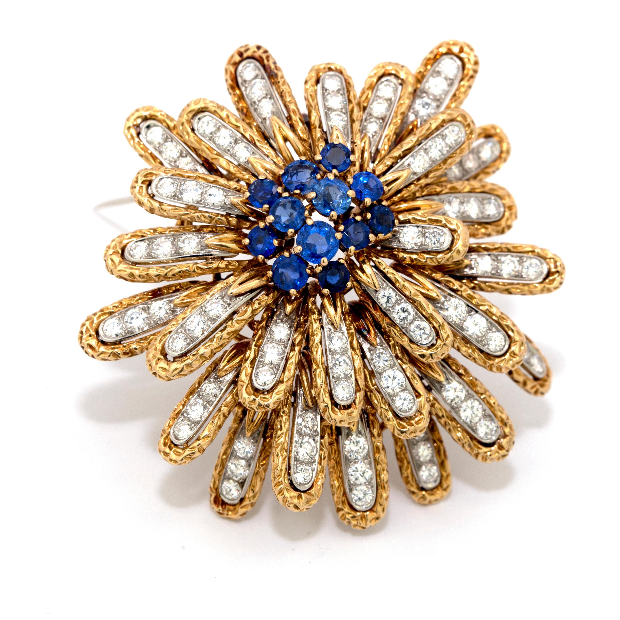 Round Cut Van Cleef & Arpels Diamond and Sapphire Brooch / Pin For Sale