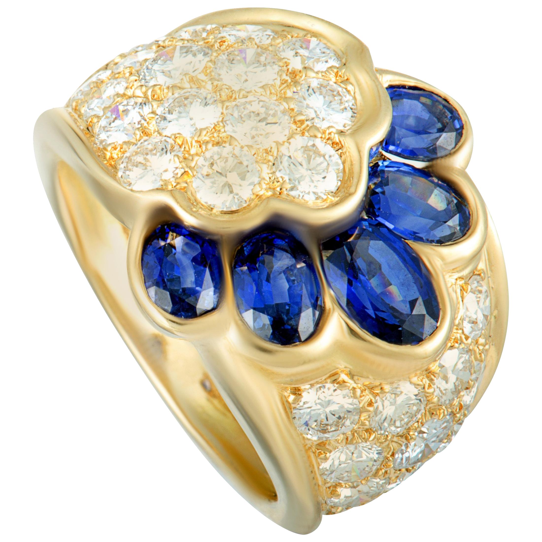 Van Cleef & Arpels Diamond and Sapphire Yellow Gold Wide Band Ring Size 6.25
