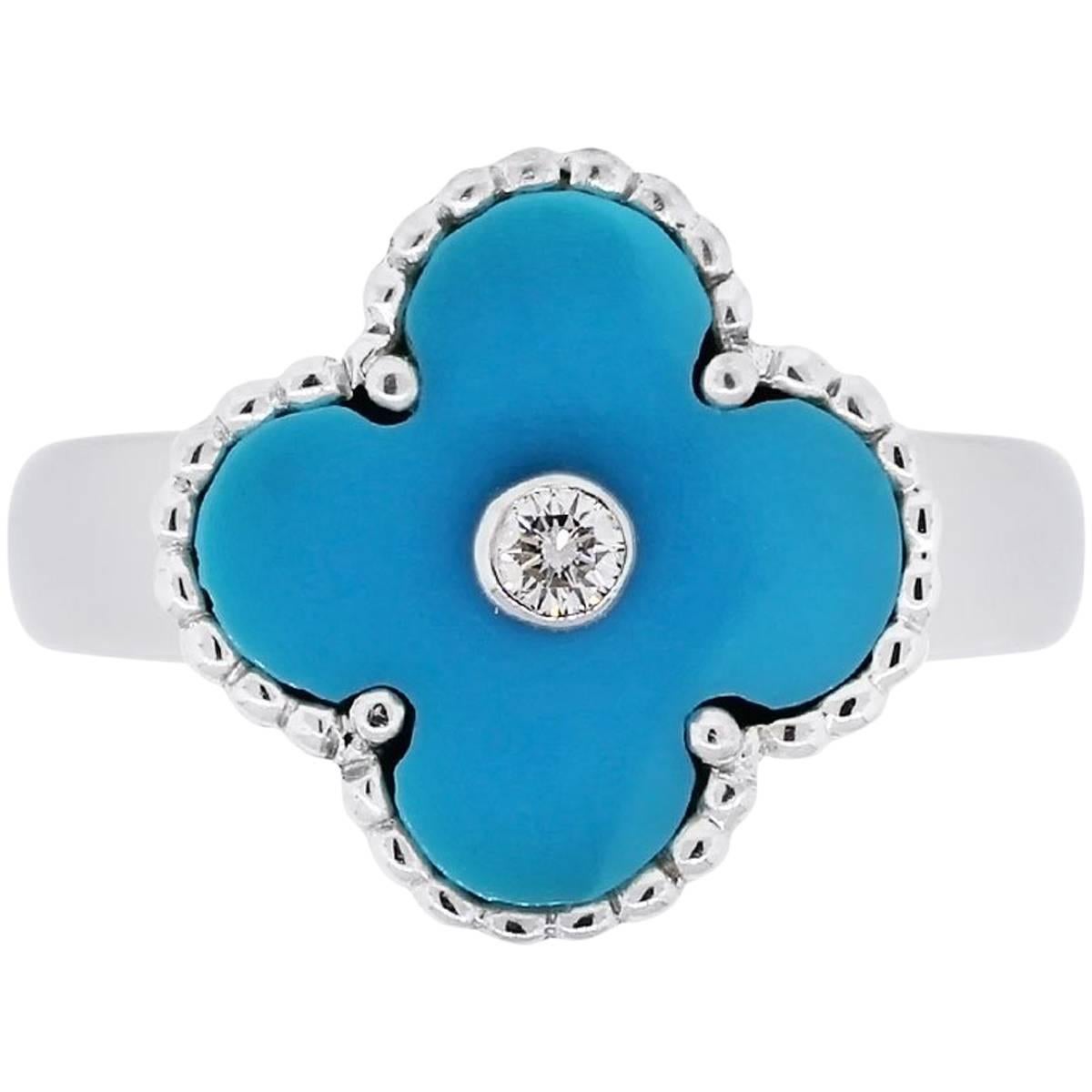 Van Cleef & Arpels Diamond and Turquoise Alhambra Ring